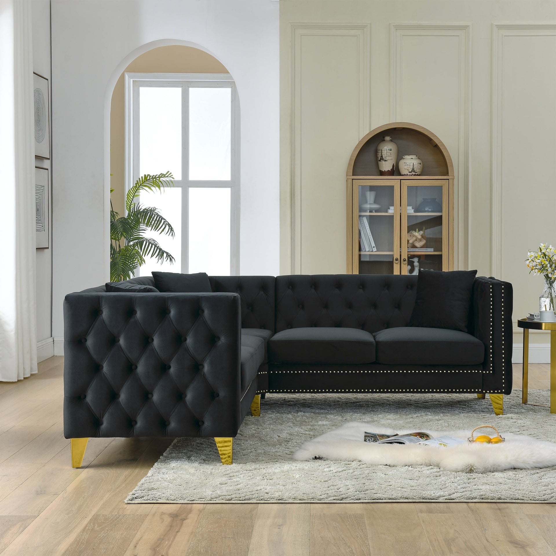 82.2-Inch Velvet Corner Sofa, L-Shaped Sectional Couch, 5-Seater Corner Sofas with 3 Cushions for Living Room, Bedroom, Apartmen