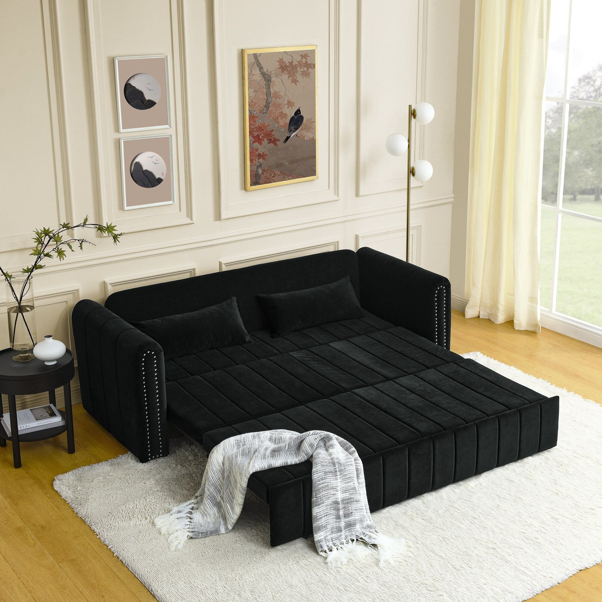 82.3'' Velvet 3 Seater Sofa with Rolled Arms, Pull-Out Queen Bed, Two Drawers and Two Pillows