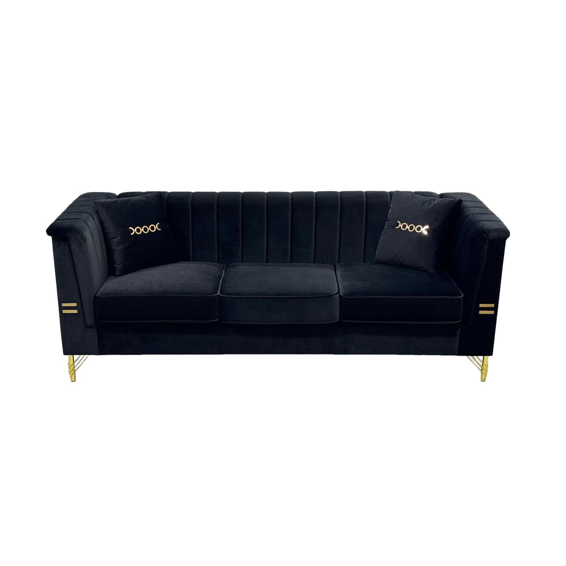 82.67 Modern Velvet 3-Seater Sofa, Vertical Channel Tufted Backrest, Gold Metal Legs, Chesterfield Style