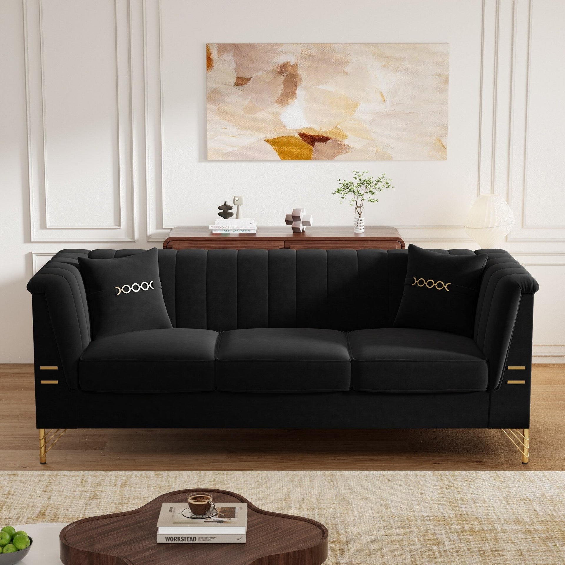 82.67 Modern Velvet 3-Seater Sofa, Vertical Channel Tufted Backrest, Gold Metal Legs, Chesterfield Style