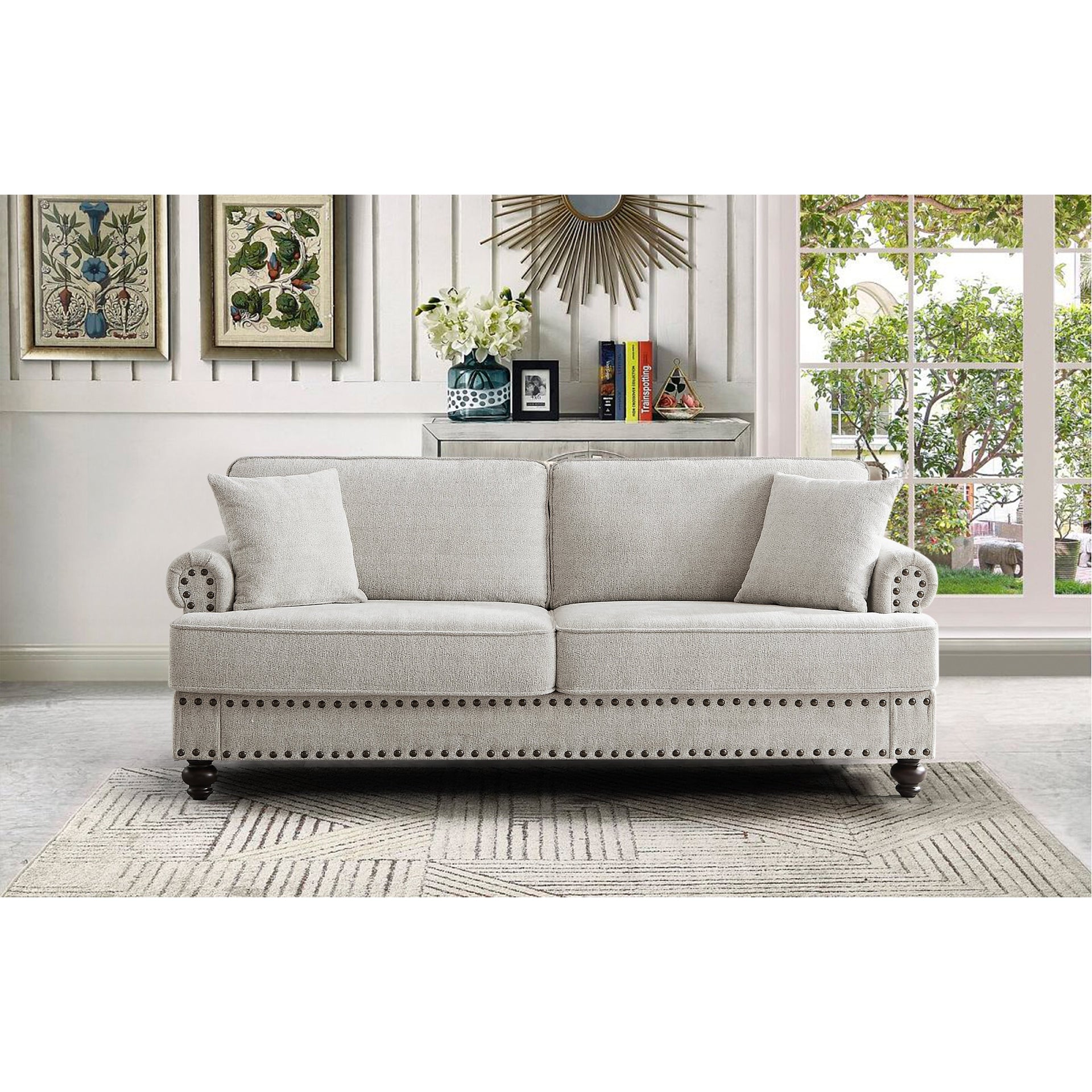82 Chenille modern Upholstered Sofas 2 Seater Couches with Nails and Armrests (White)