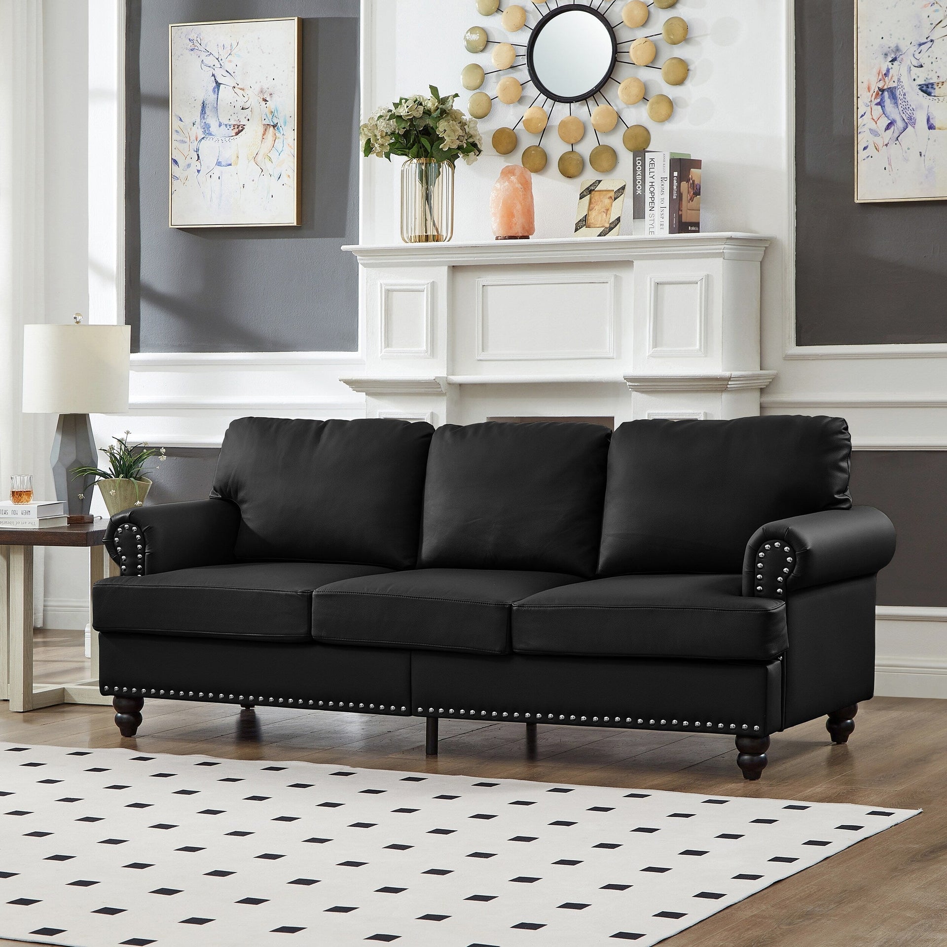 83 Classic Leather Sofa - 3-Seater Genuine-Look Cowhide Couch with Nailhead Trim, Durable Faux Leather Upholstery