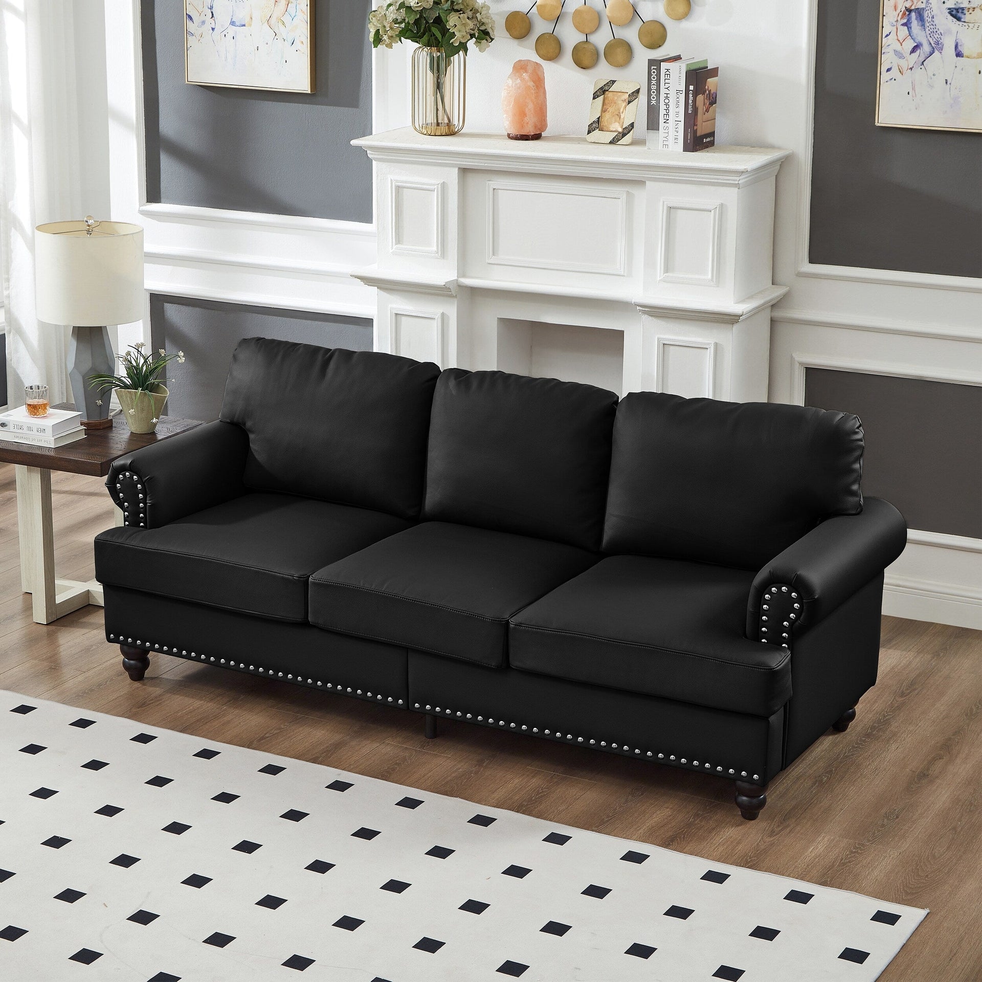 83 Classic Leather Sofa - 3-Seater Genuine-Look Cowhide Couch with Nailhead Trim, Durable Faux Leather Upholstery