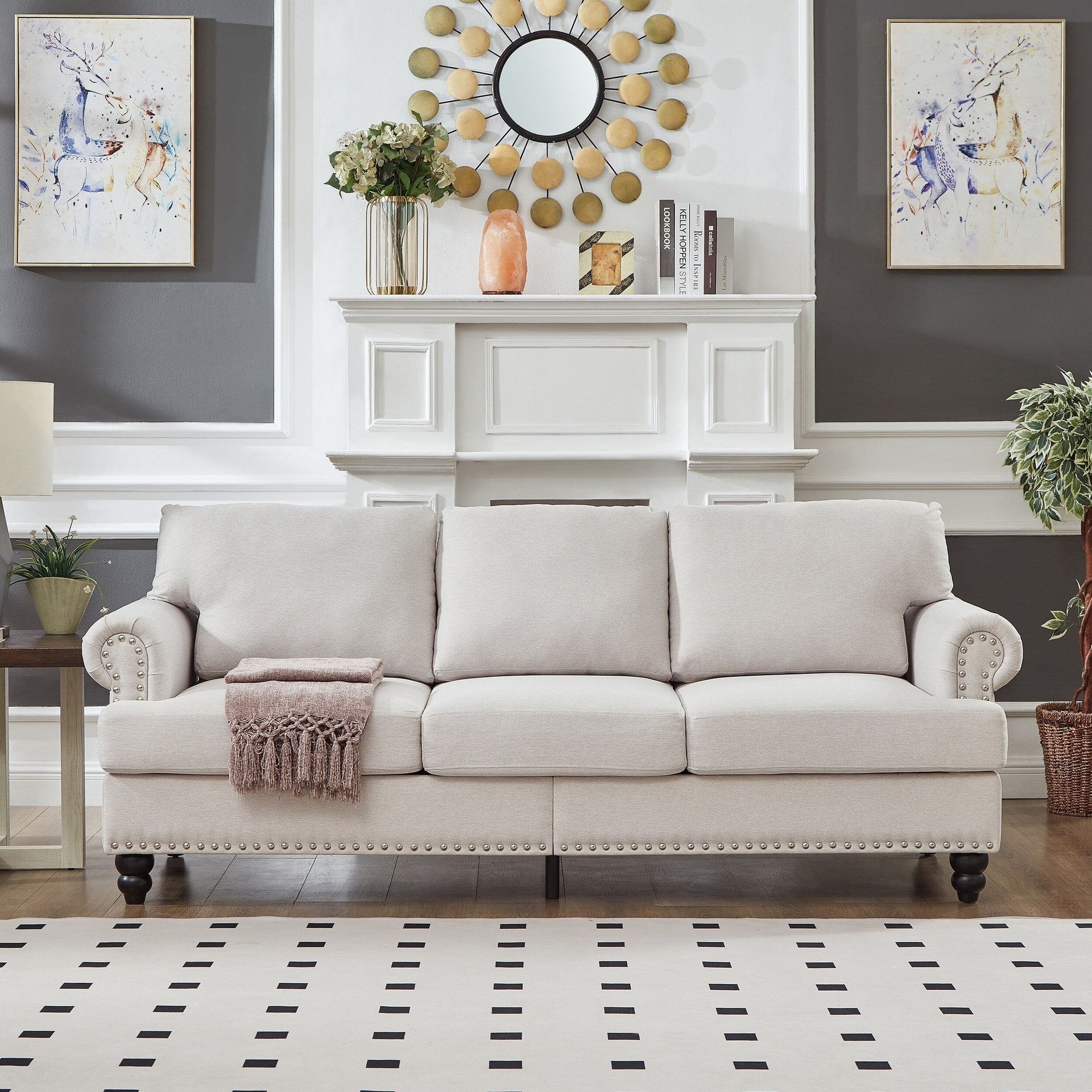 83 Classic Tufted Sofa - 3-Seater Fabric Couch with Nailhead Trim, Polyester Upholstery & Solid Wood Frame for Living Room