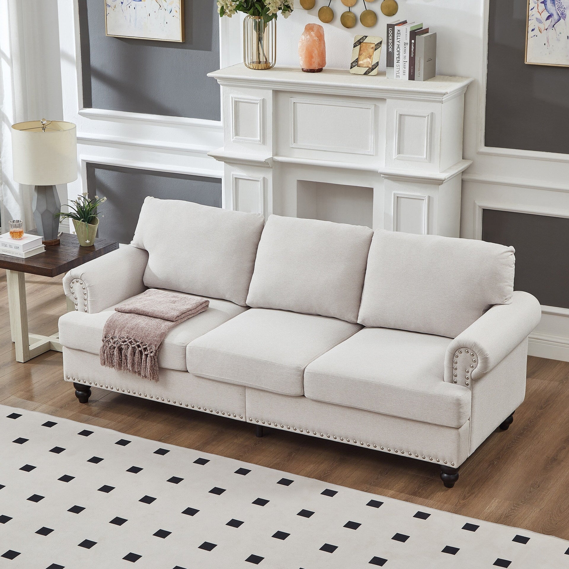 83 Classic Tufted Sofa - 3-Seater Fabric Couch with Nailhead Trim, Polyester Upholstery & Solid Wood Frame for Living Room
