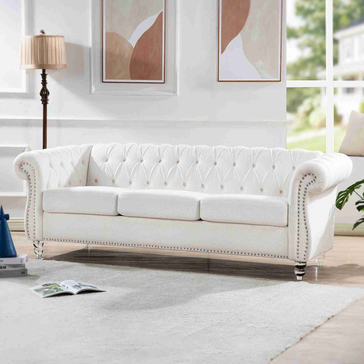 84 White Rolled Arm Chesterfield 3 Seater Sofa Couch