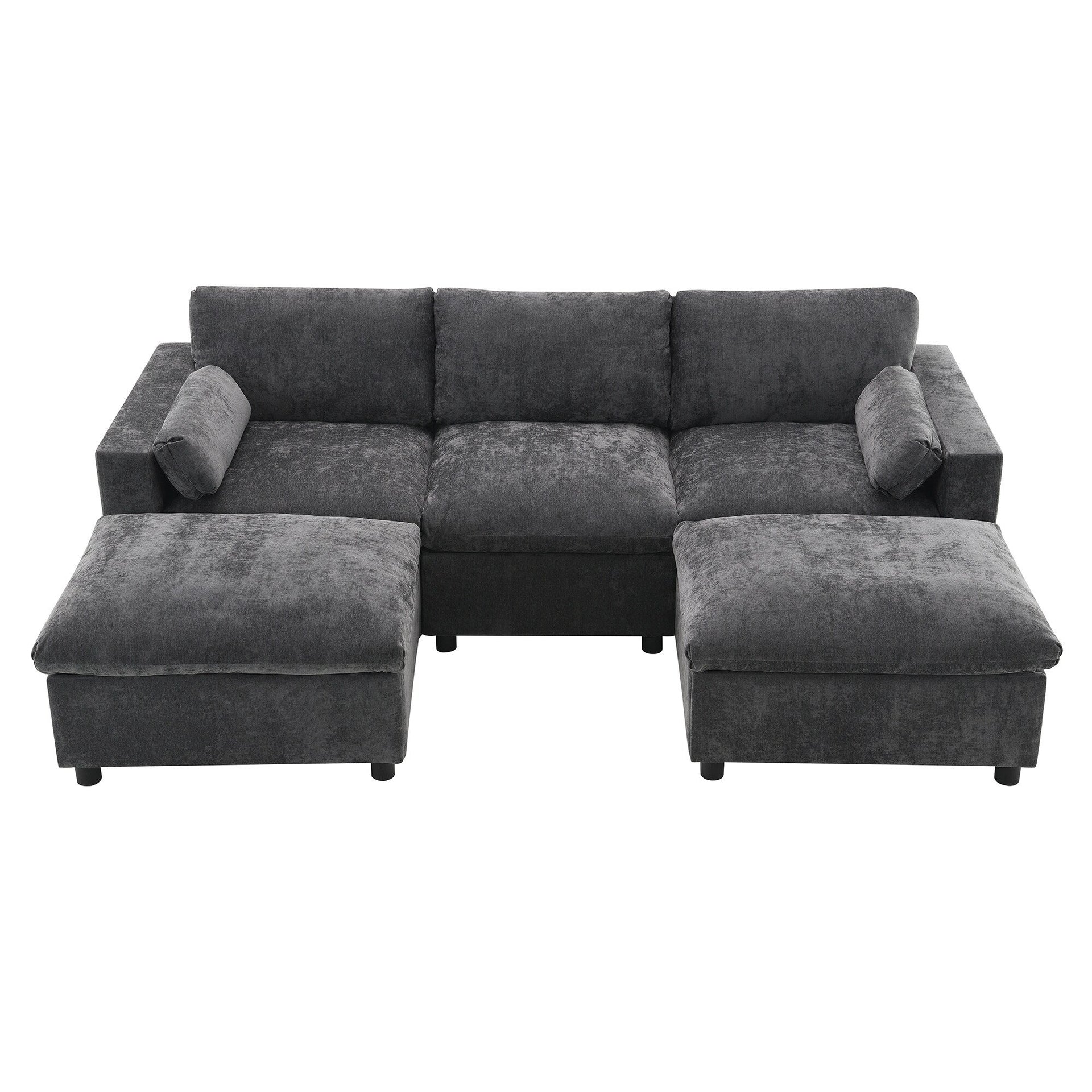 86.5-Inch U-Shaped Chenille Sectional Sofa with Storage Pockets, 2 Movable Ottomans and Throw Pillows for Living Room