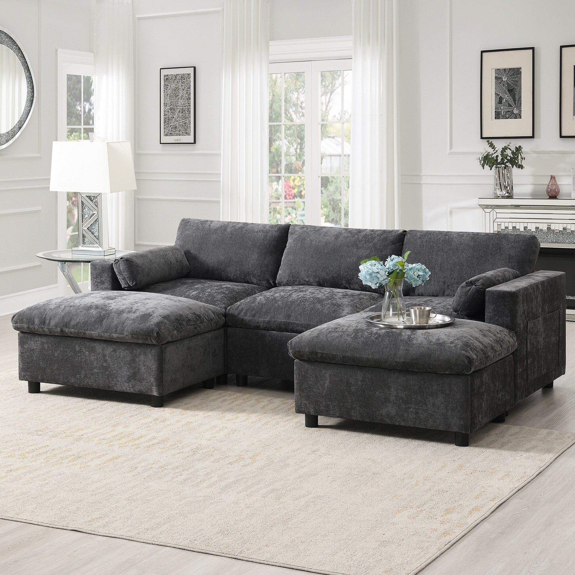 86.5-Inch U-Shaped Chenille Sectional Sofa with Storage Pockets, 2 Movable Ottomans and Throw Pillows for Living Room