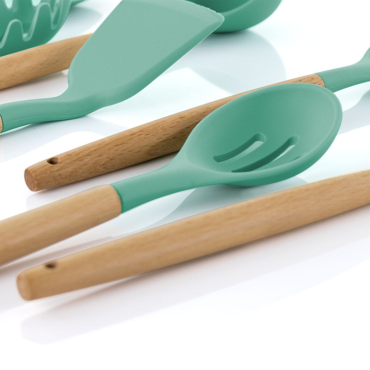 9 Piece Silicone and Wood Cooking Utensils in Turquoise