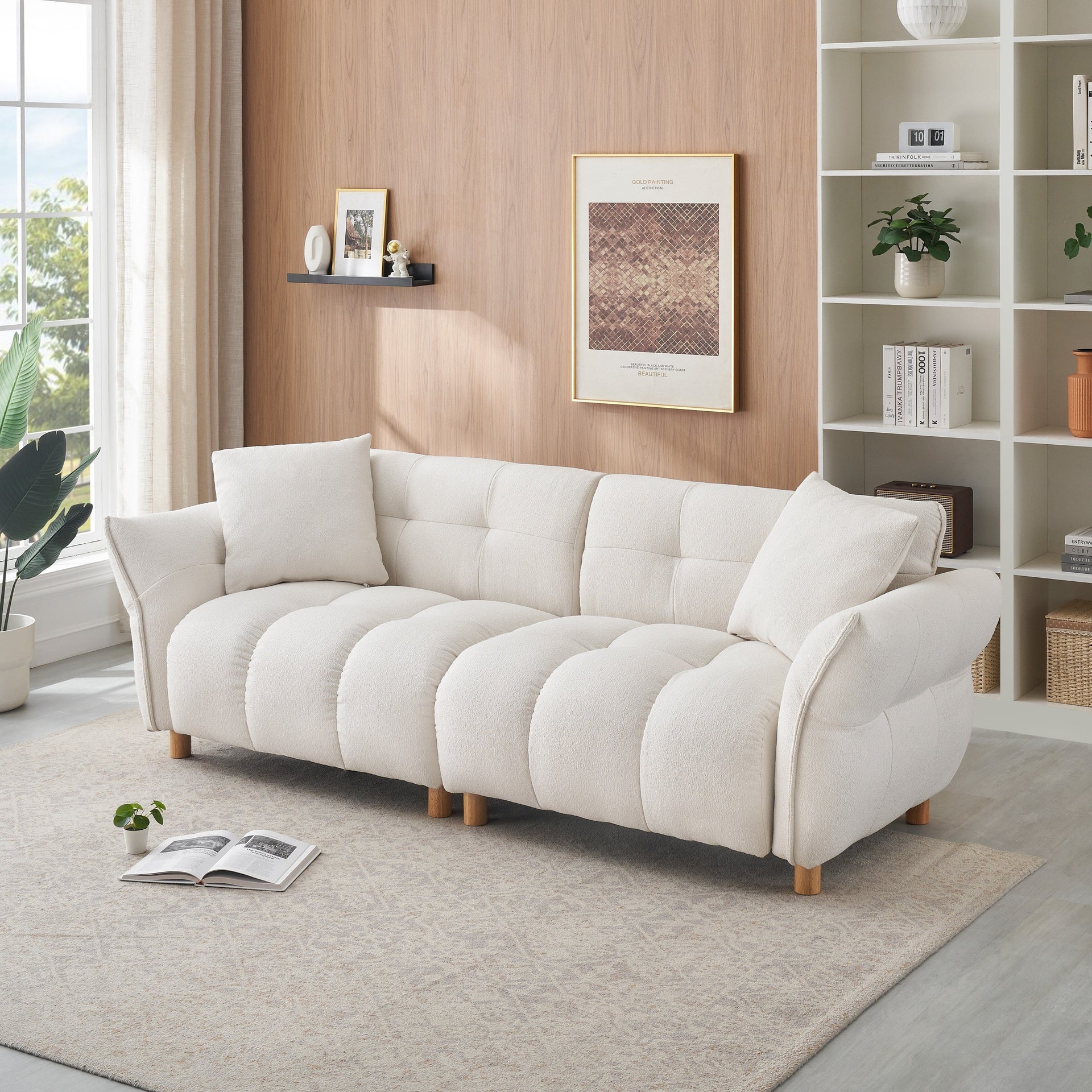 93.70 inches long, Teddy Sofa Fabric,with two matching pillows and three spacious and comfortable seats