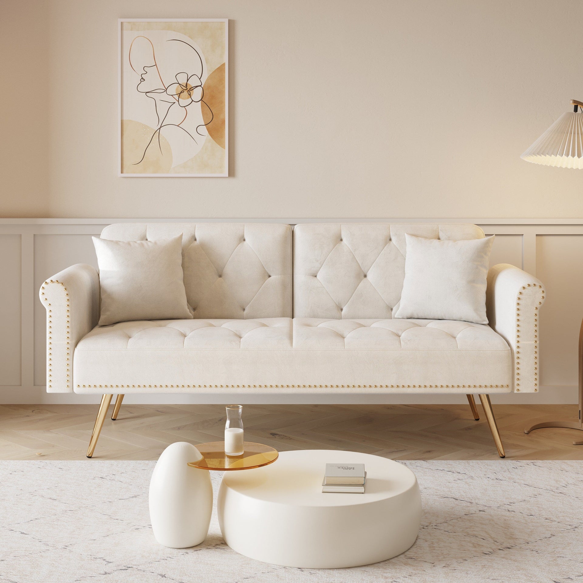 A 69.7-Inch-Long Sofa Bed Covered In Velvet Fabric, Featuring Nail Head Trim And Accompanied By A Matching Throw Pillow