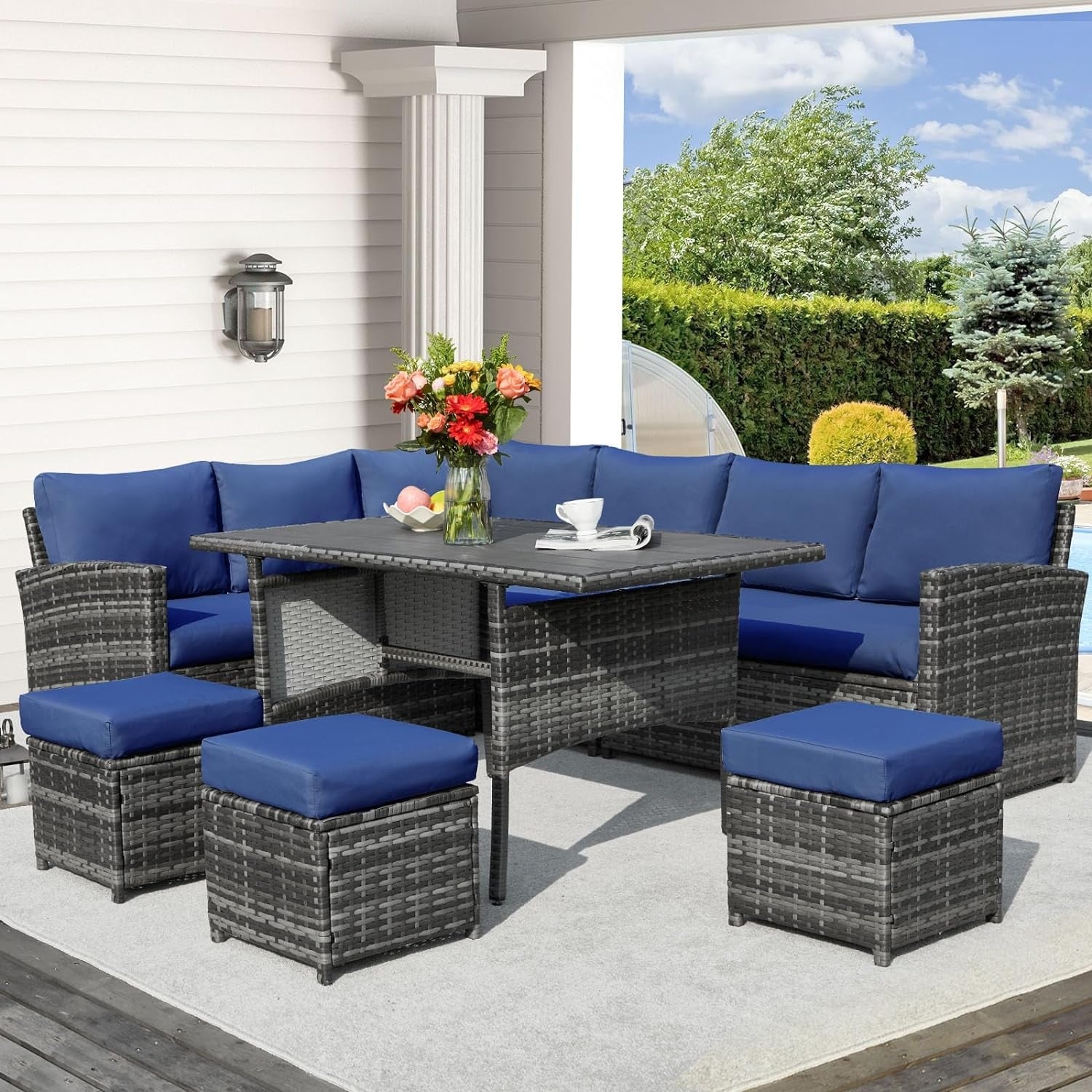 AECOJOY 7-Piece Outdoor Patio Wicker Sectional Sofa with Dining Table