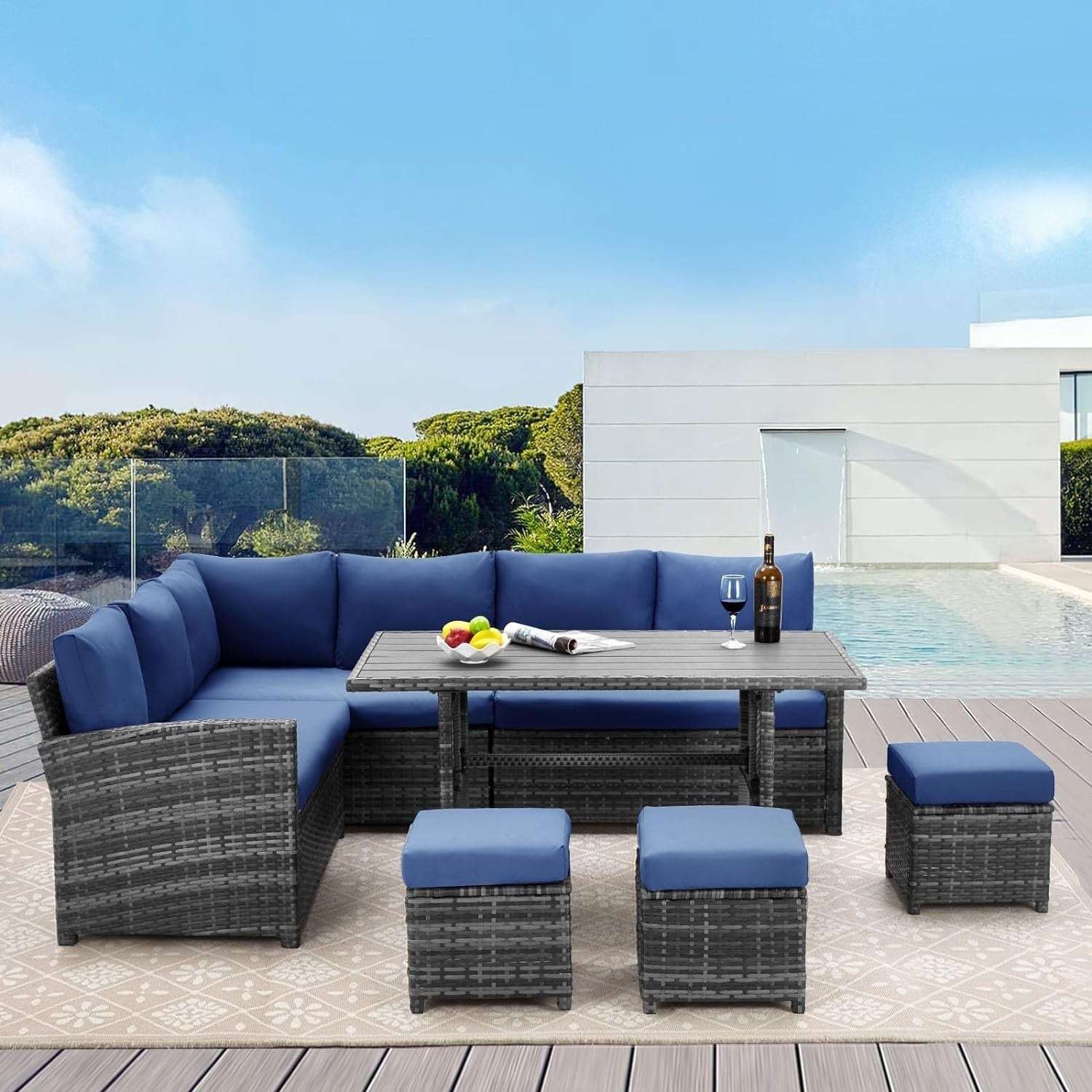 AECOJOY 7-Piece Outdoor Patio Wicker Sectional Sofa with Dining Table