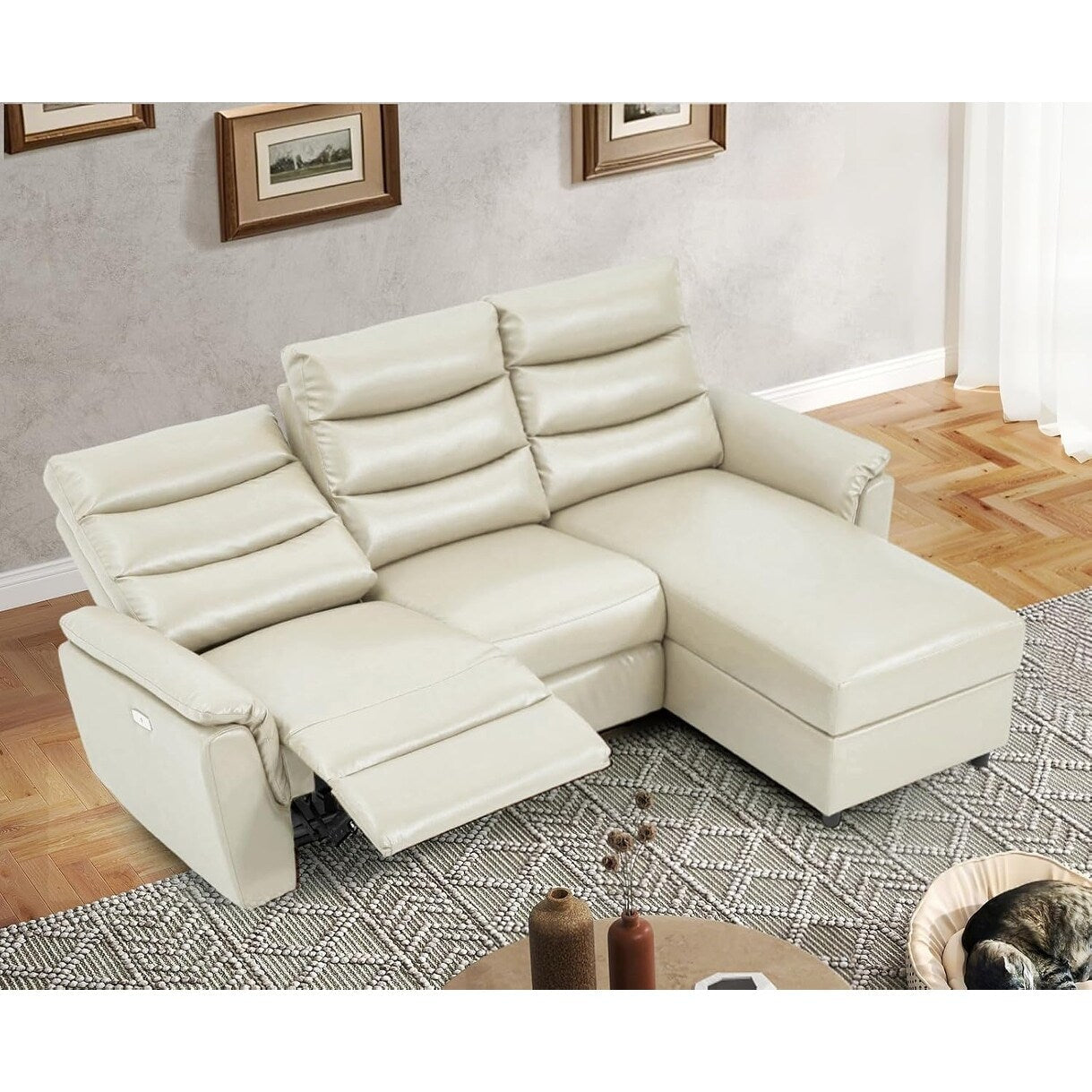 AECOJOY Power Reclining Sectional Sofa, PU Leather Sleep Sofa Bed with Storage Chaise, Adjustable Backrest & Footrest