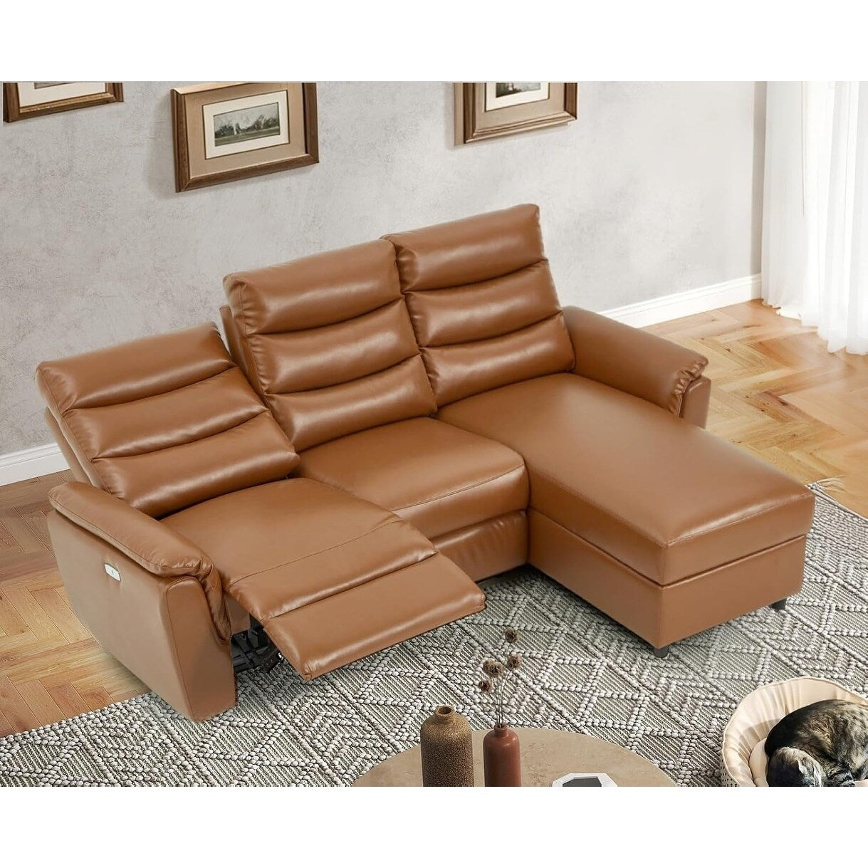 AECOJOY Power Reclining Sectional Sofa, PU Leather Sleep Sofa Bed with Storage Chaise, Adjustable Backrest & Footrest