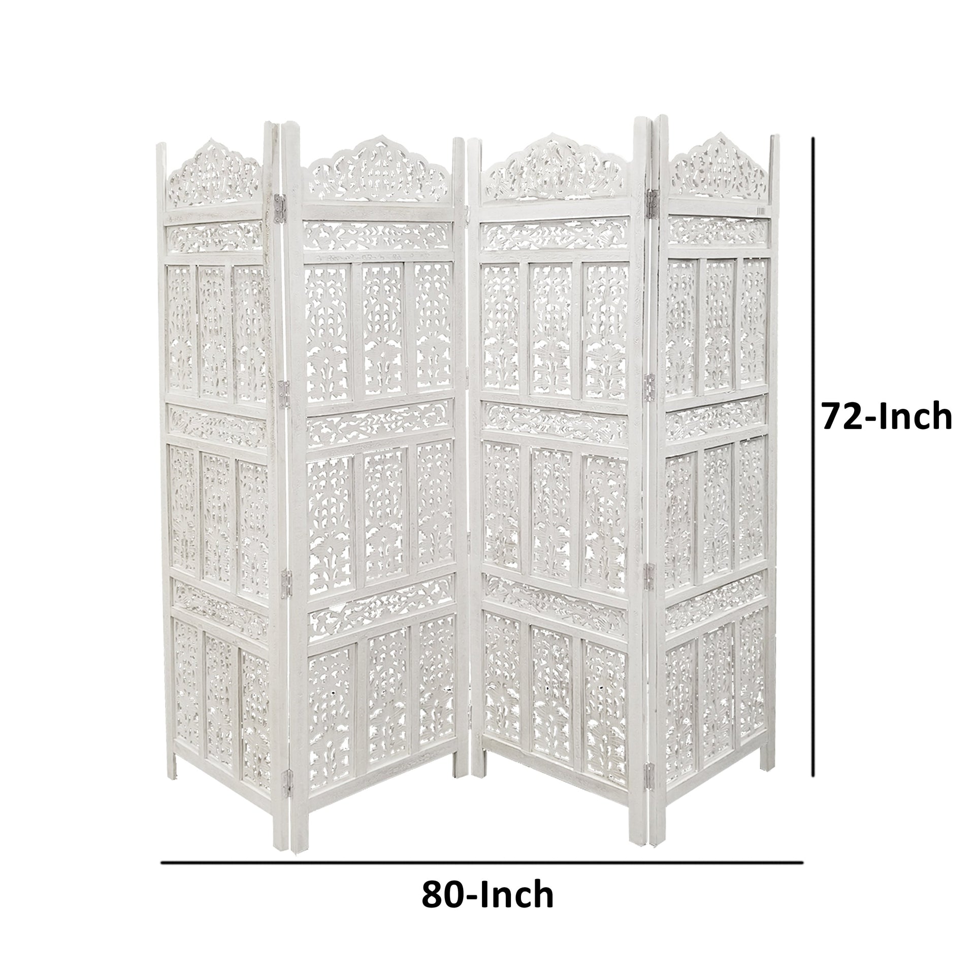 Aesthetically Carved 4 Panel Wooden Partition Screen/Room Divider, Distressed White
