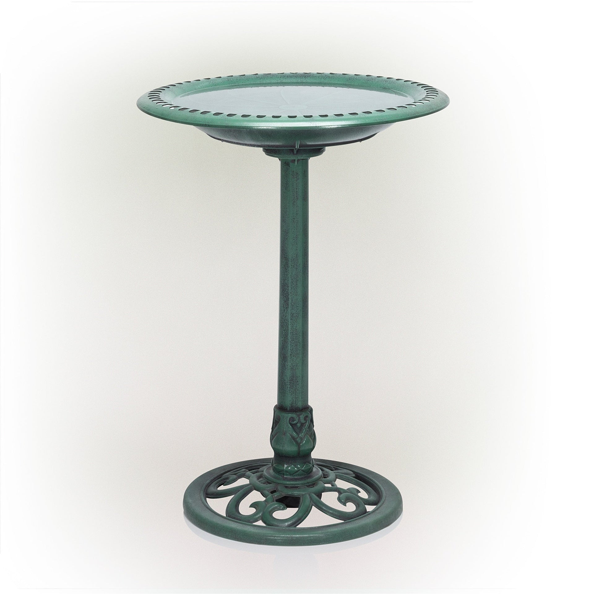 Alpine Corporation 28 Tall Outdoor Bird Bath with Scrollwork Decoration For Yard, Garden, Patio, or Deck, Green