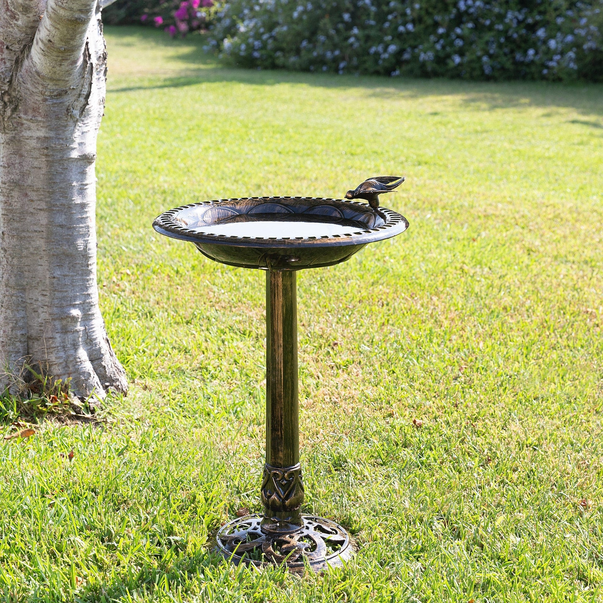 Alpine Corporation 27 Tall Outdoor Antique Style Bronze Birdbath Bowl with Bird Figurine
