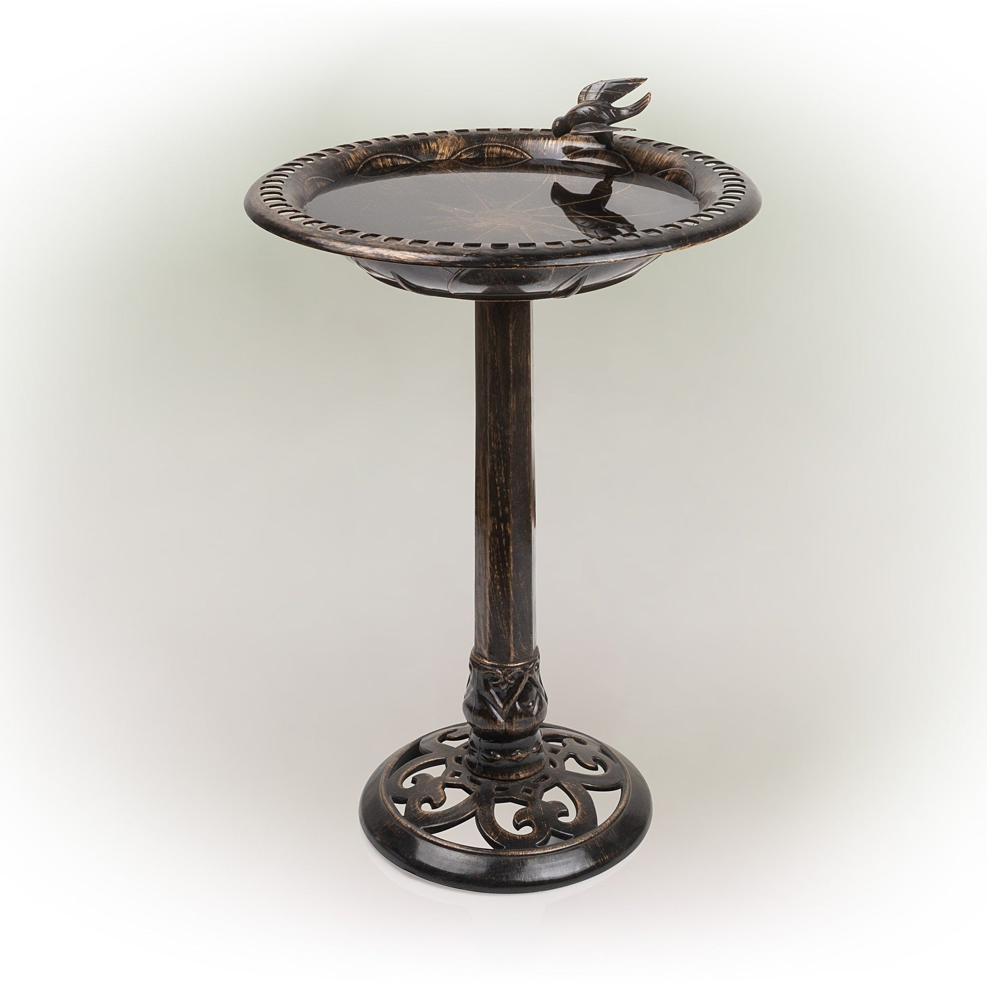 Alpine Corporation 27 Tall Outdoor Antique Style Bronze Birdbath Bowl with Bird Figurine
