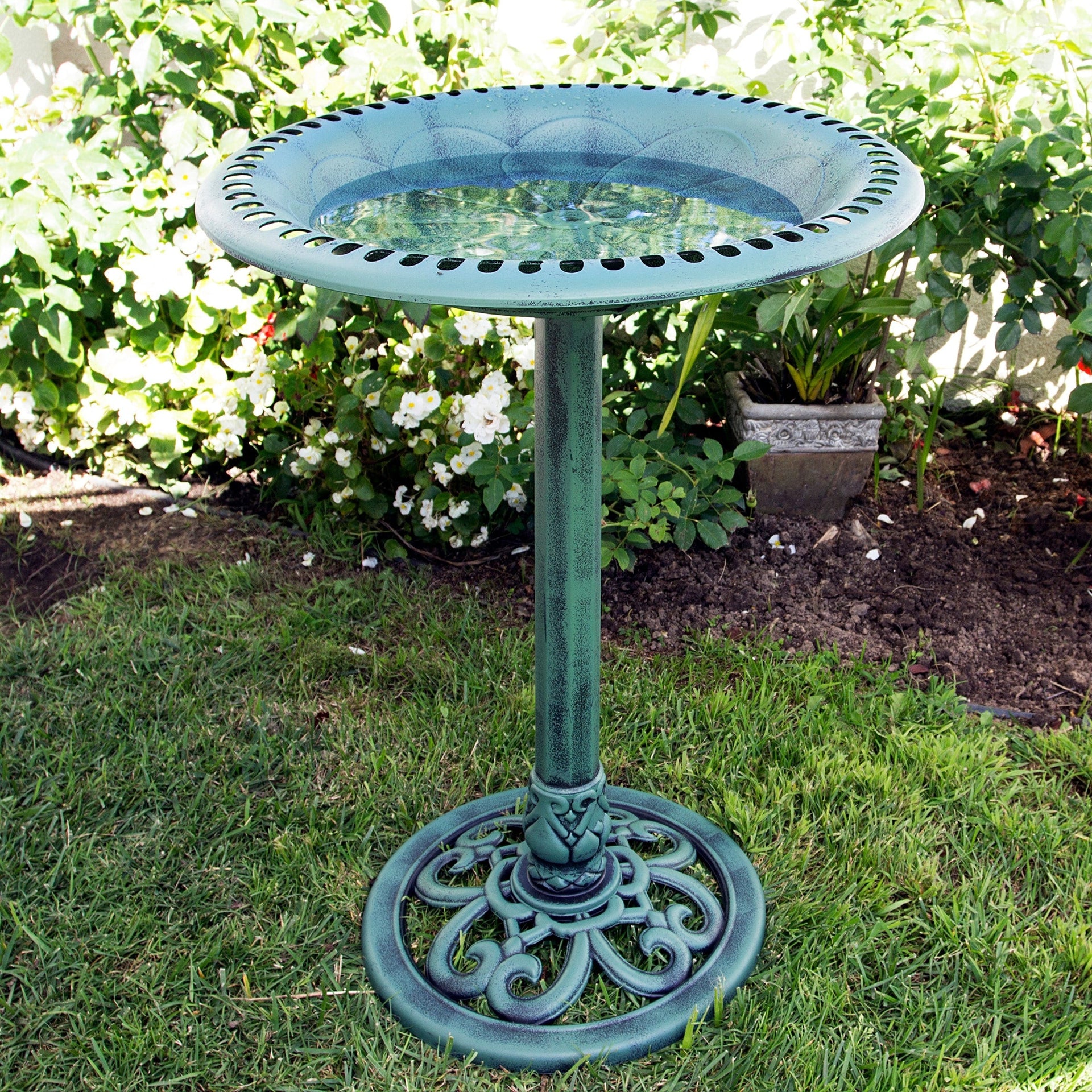 Alpine Corporation 28 Tall Outdoor Bird Bath with Scrollwork Decoration For Yard, Garden, Patio, or Deck, Green