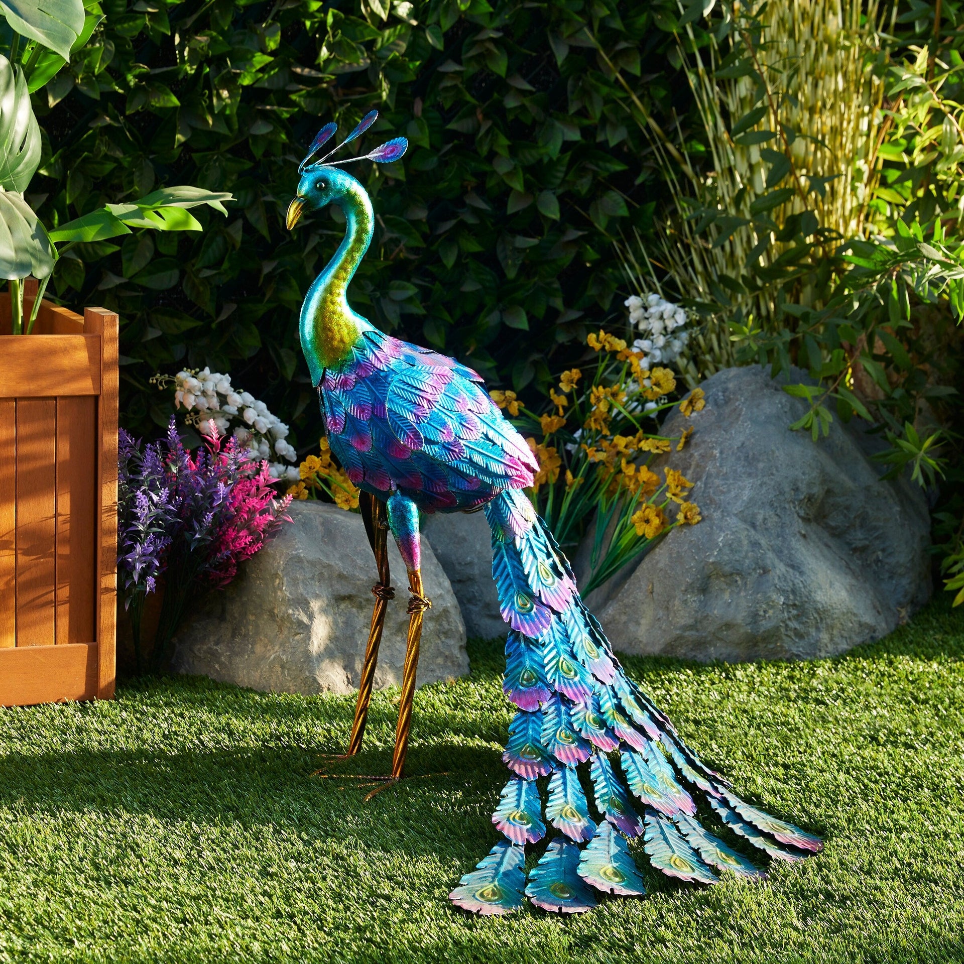 Alpine Corporation Tall Outdoor Metallic Peacock Standing Yard Statue Decoration, Multicolor