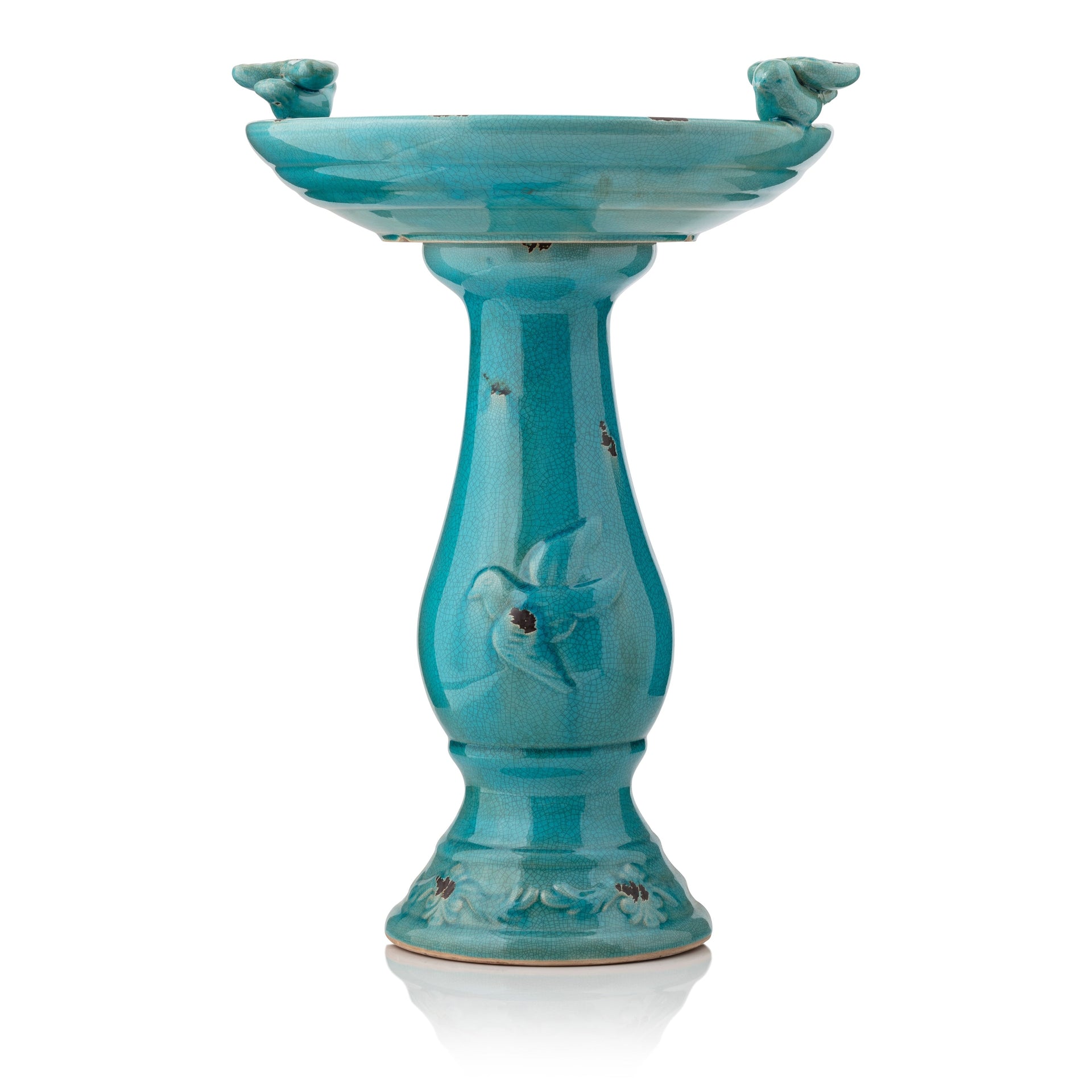 Alpine Corporation 25 Tall Turquoise Antique Ceramic Bird Bath with Two Birds