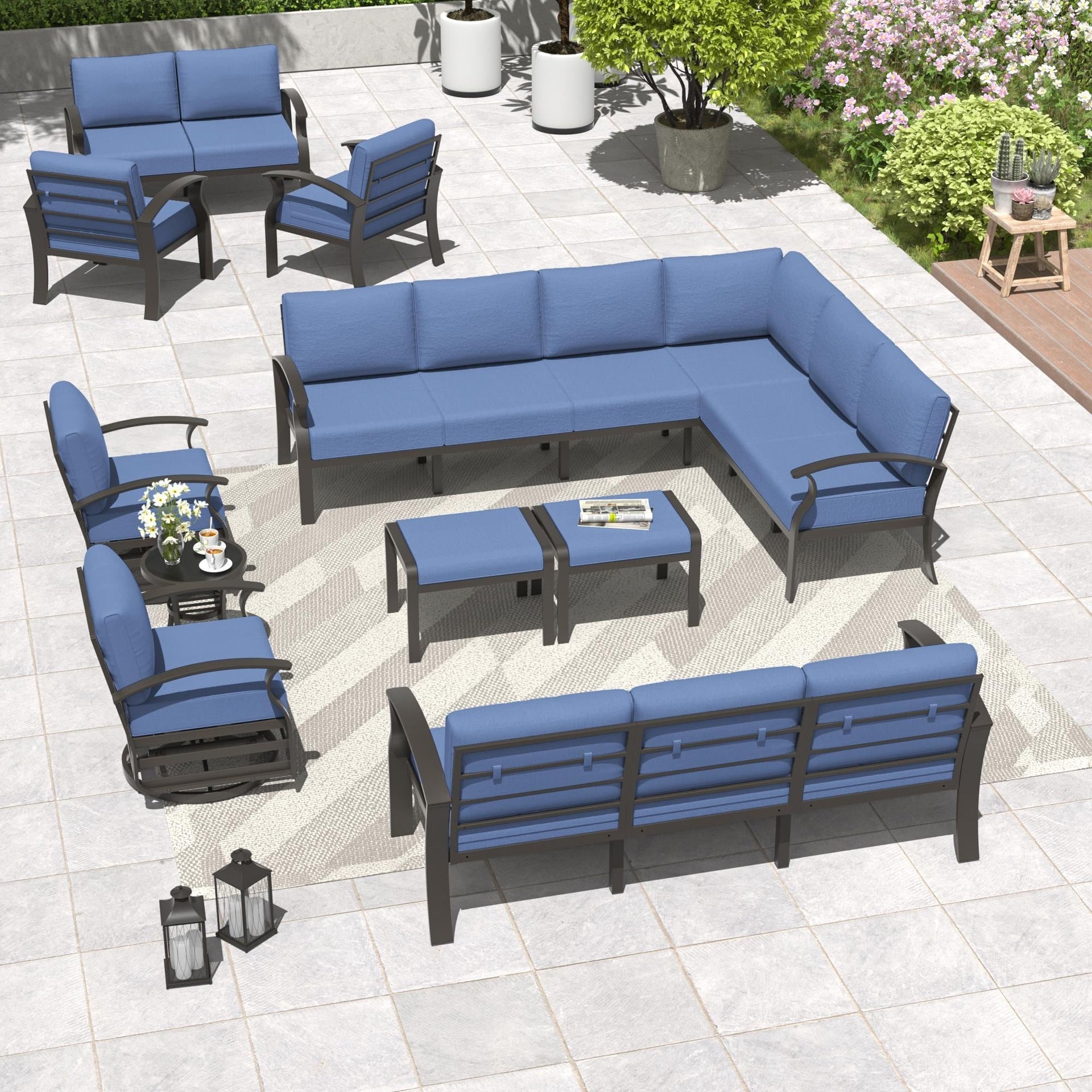 Aluminum Patio Furniture Set with FirePit Ottomans Swivel Chairs,Sectional Sofa with Thick Seat Cushions for Porch Garden