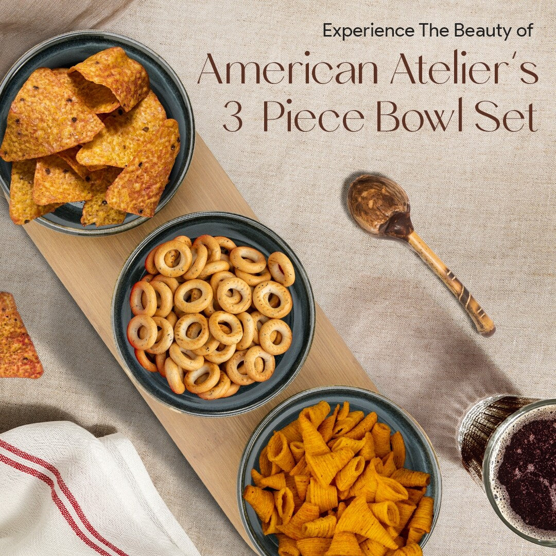 American Atelier 3 Snack Bowls with Bamboo Serving Tray