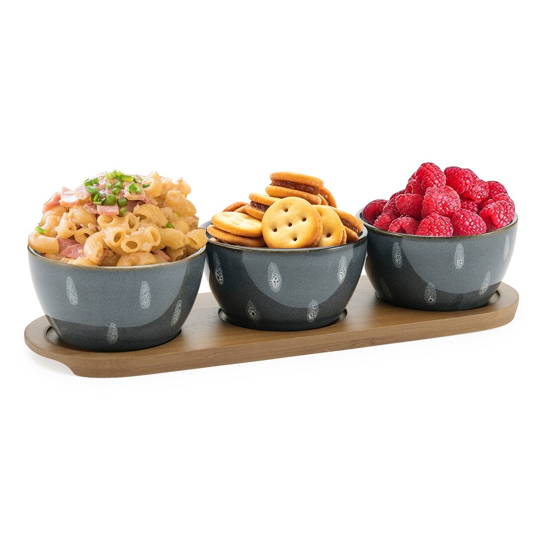 American Atelier 3 Snack Bowls with Bamboo Serving Tray