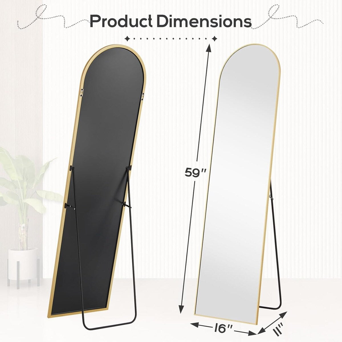 Arched Mirror Full Length, 16x59 Body Wall Mirrors, Floor Standing,Tall Arch Mirror with Stand Aluminum Alloy Frame