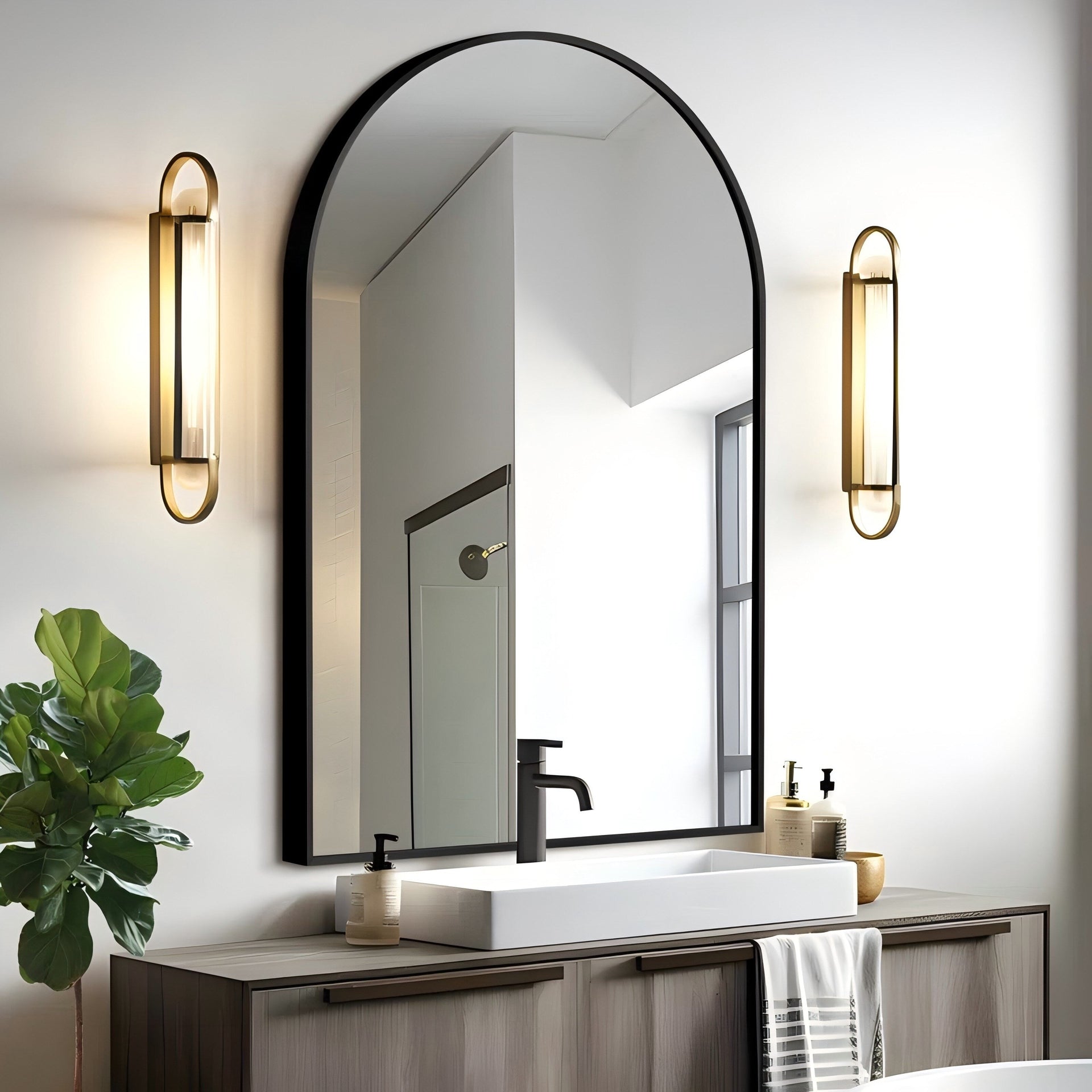 Arched Wall Mirror Black Metal Framed Bathroom Vanity Mirror