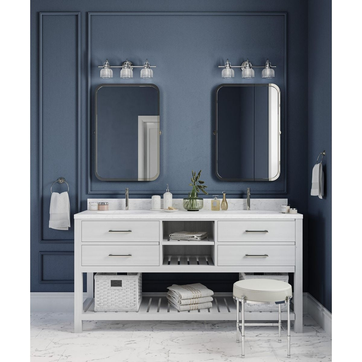 Archie Collection Three-Light Polished Chrome Clear Double Prismatic Glass Coastal Bath Vanity Light - 8.75 x 26.25 x 7.25