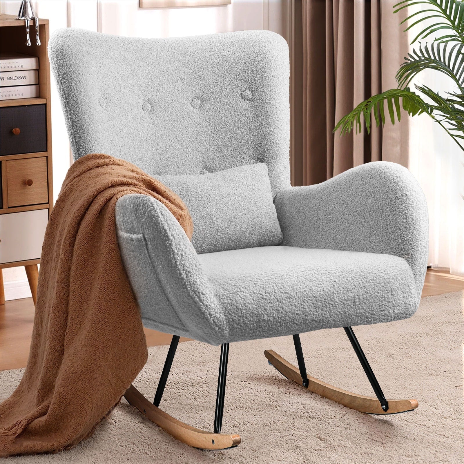 BOSSIN Teddy Fabric Nursery Rocking Chair with Side Pocket, High Backrest Accent Chair with Padded Seat and Headrest
