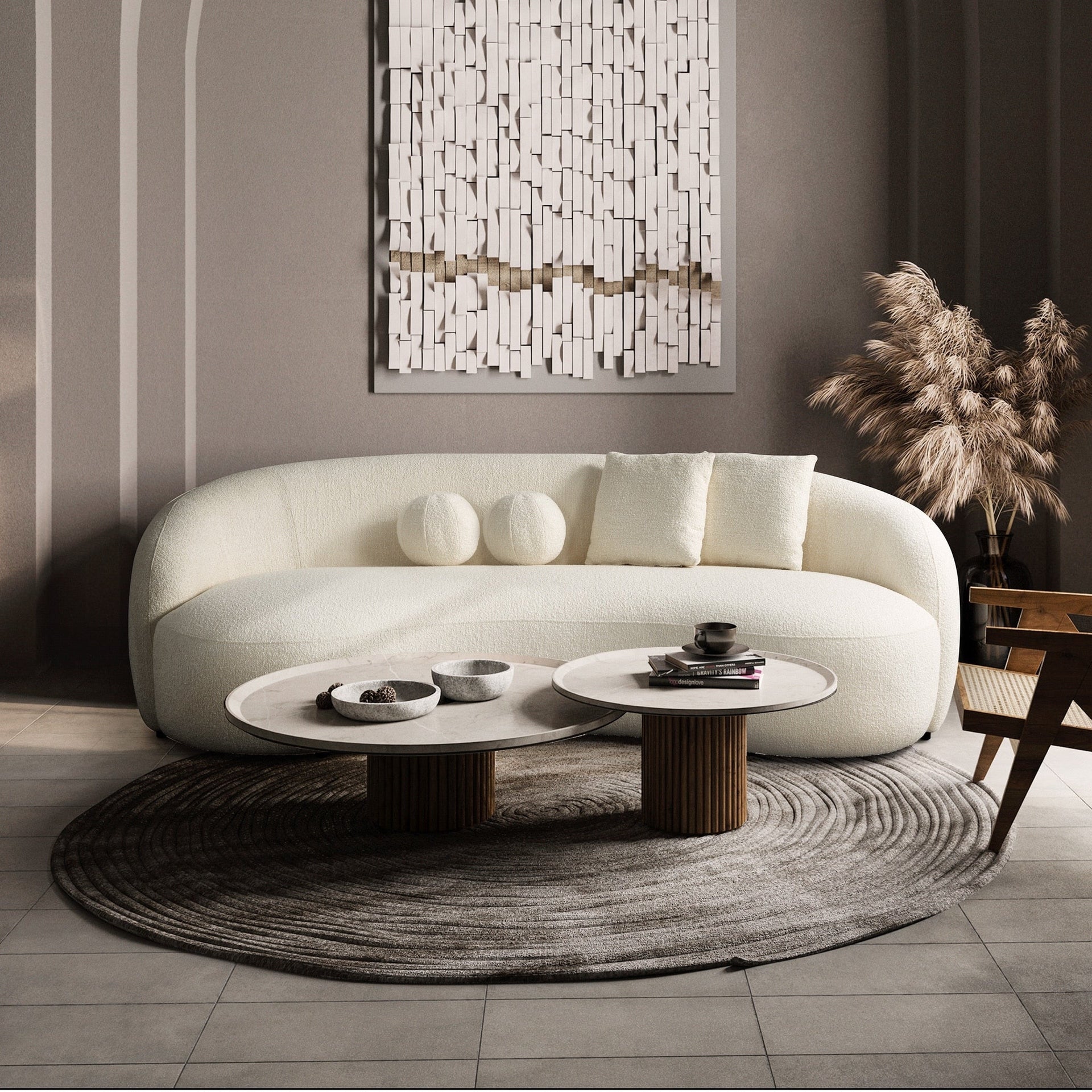 Baker Mid-Century French Boucle Fabric Upholstered Sofa in Cream