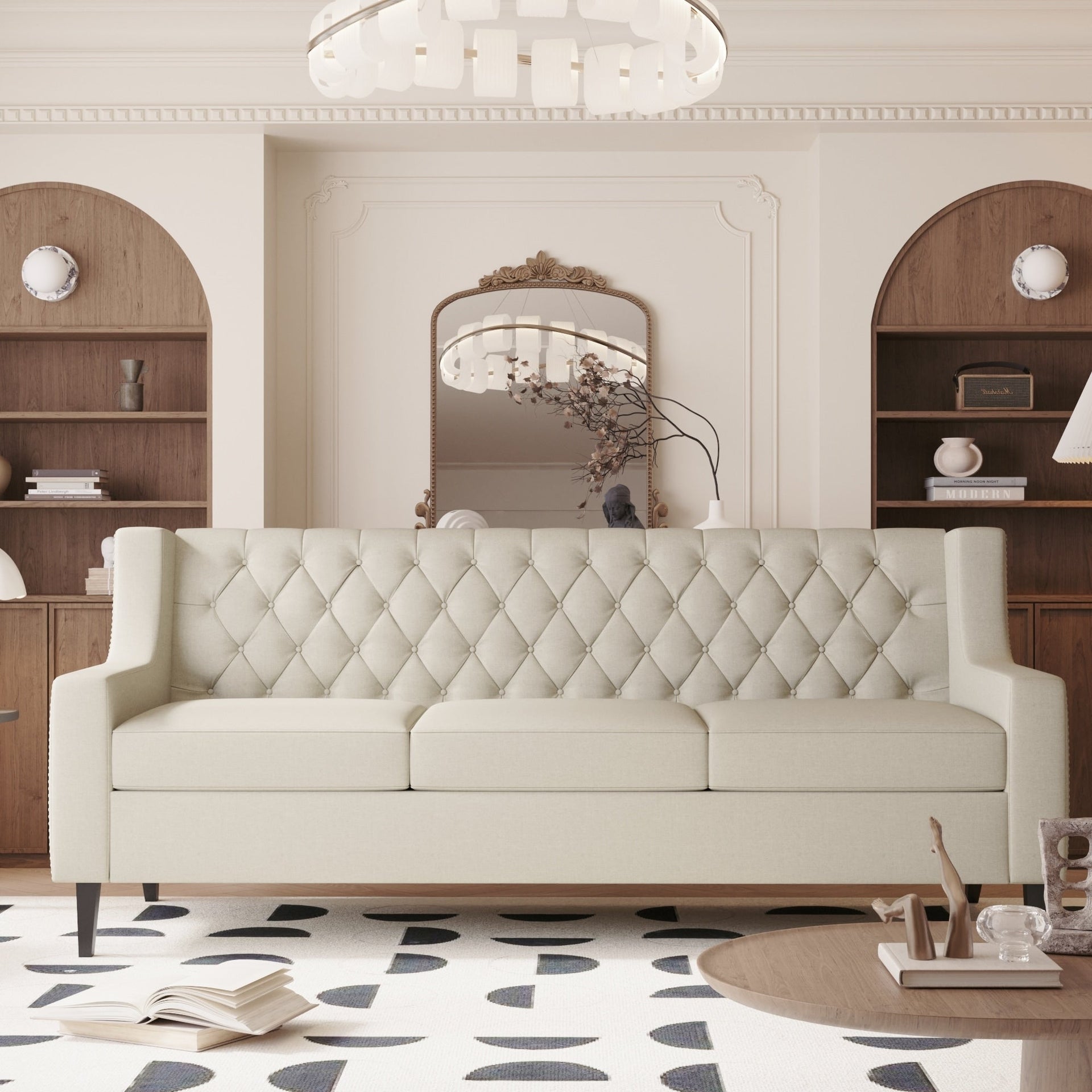 Beige 78.75 Polyester 3-Seater Sofa with Tufted Back and Cushions