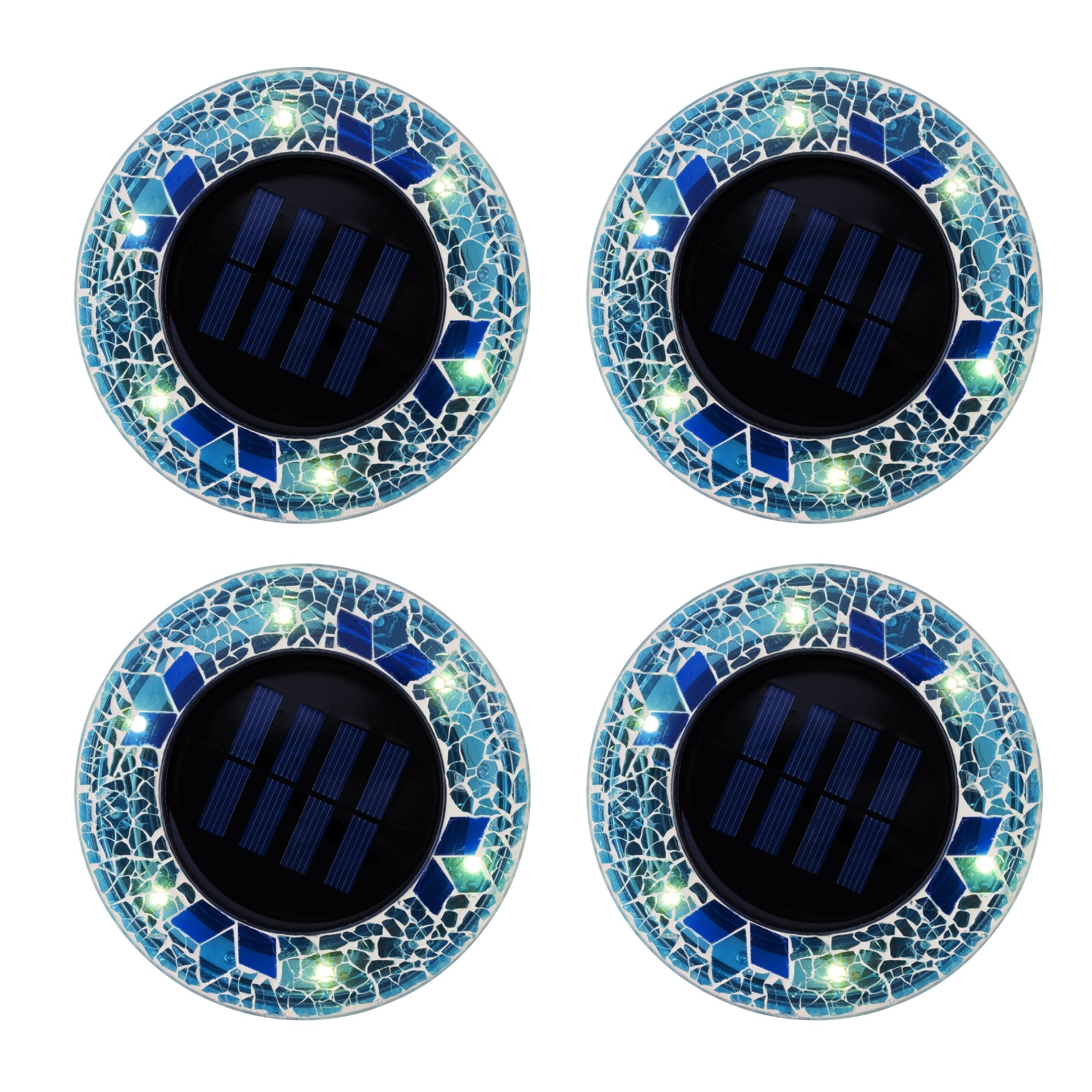 Bell + Howell 6 LED Round Blue Mosaic Solar Powered Disk Lights with Auto On/Off - 4 Pack