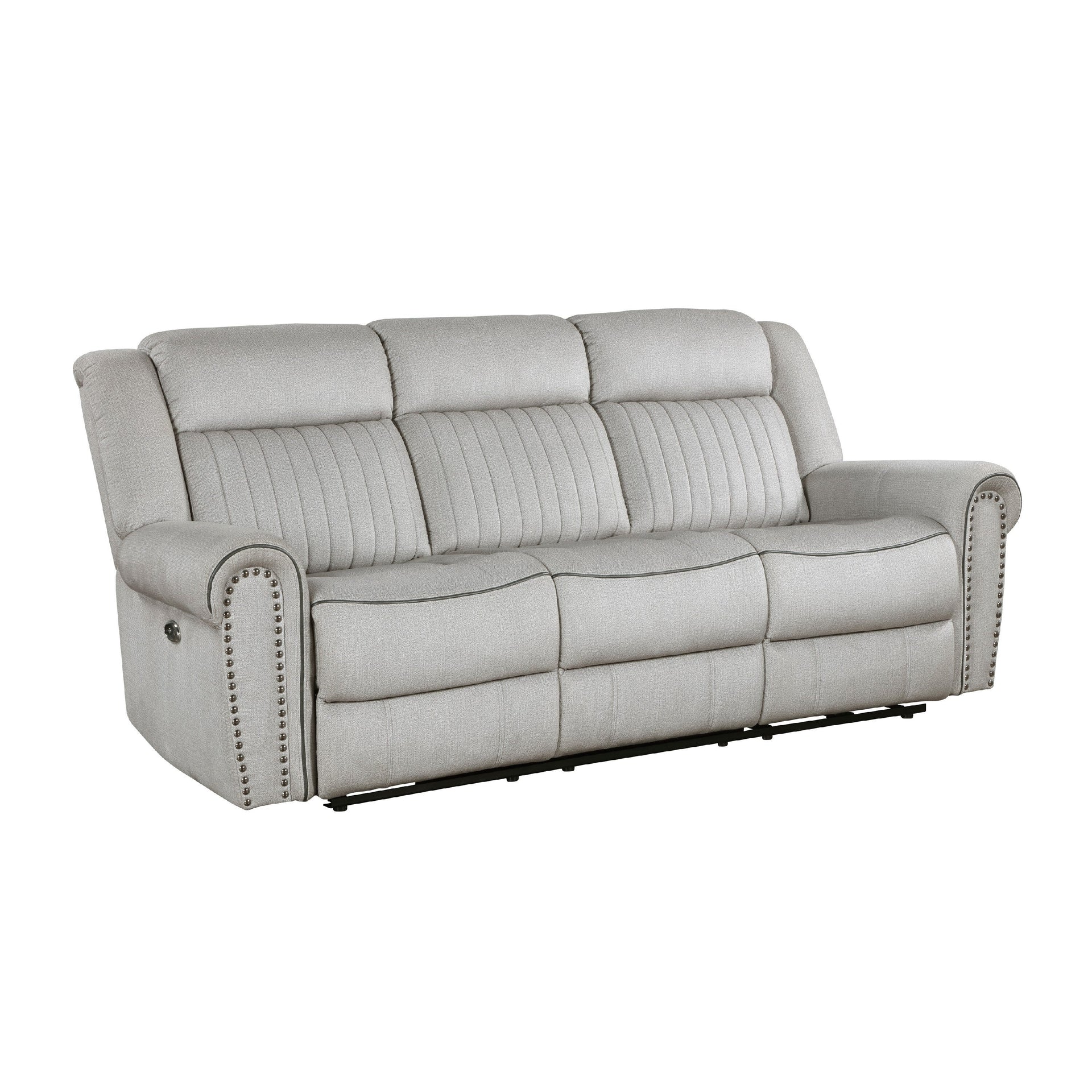 Ben Power Reclining Sofa, 89 Inch, Gray Microfiber, Nailhead Trims