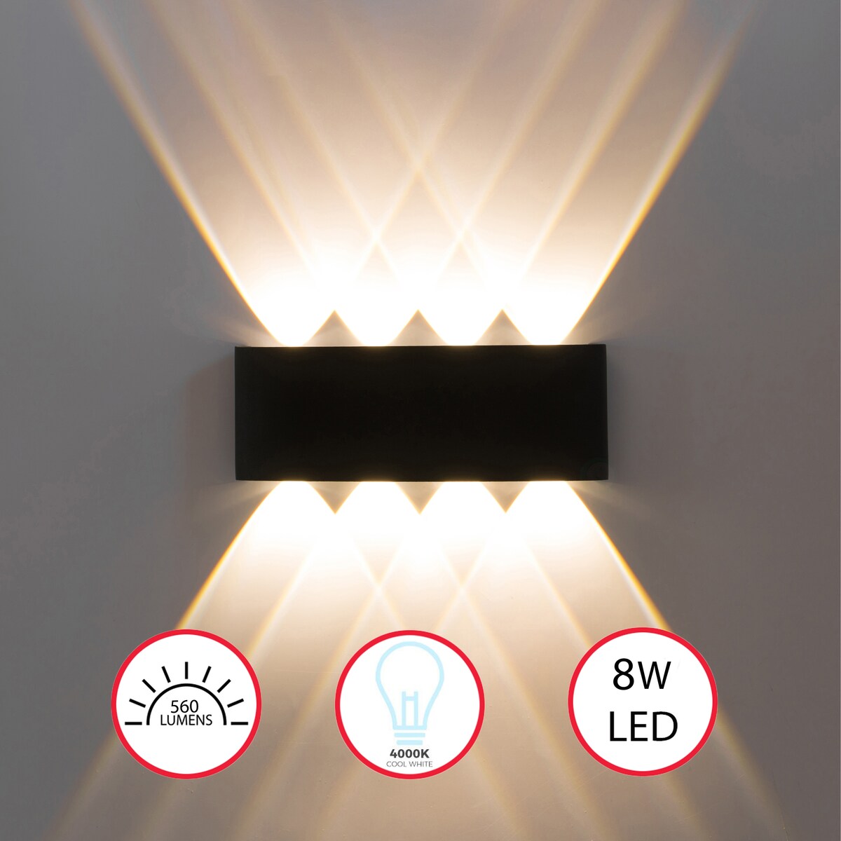 Black Contemporary Decorative Waterproof Aluminum Wall Lamp for Indoors and Outdoors, 8 Watt Cool White 4000K