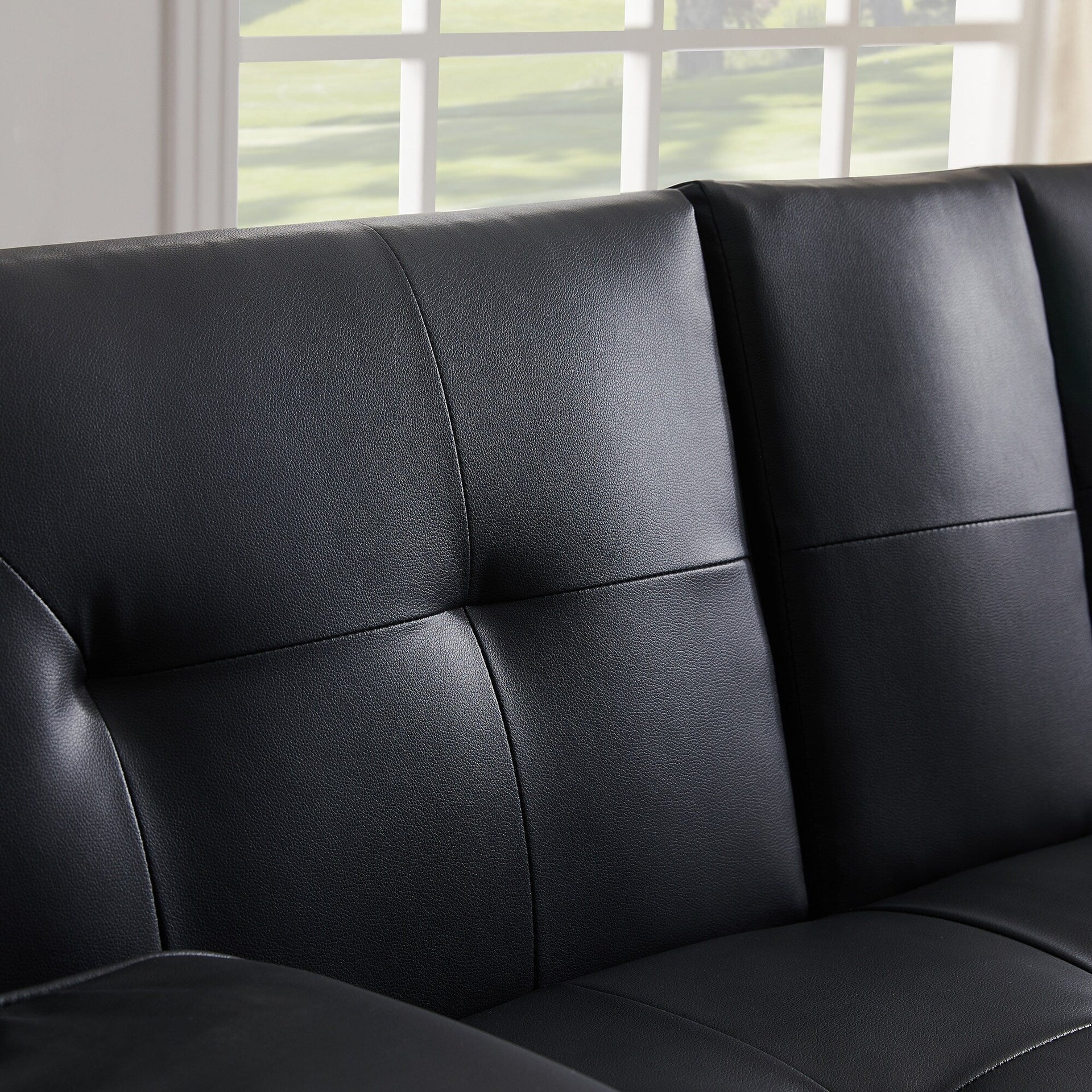 Black Faux Leather Loveseat Sofa Bed With Cup Holders , Convertible Folding Sleeper Couch Bed . - 31.50 x 65.75 x 29.53