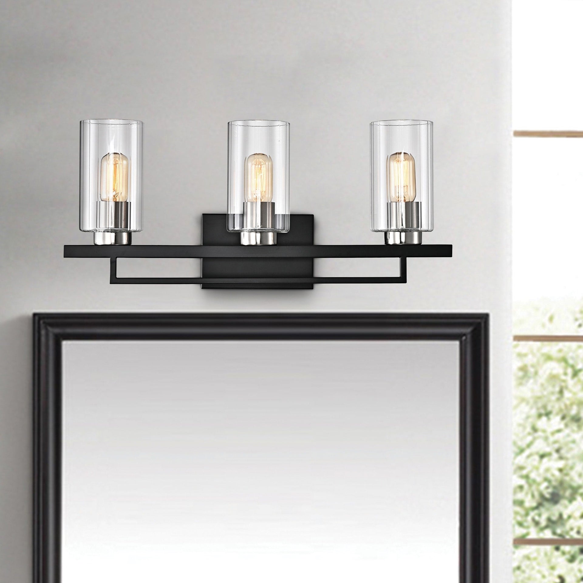 Black and Brushed Nickel 3-Light Vanity with Clear Beveled Glass Shades