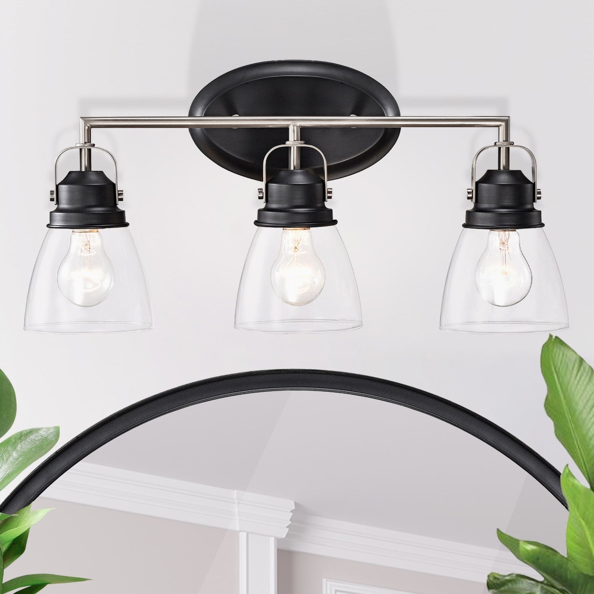 Black and Brushed Nickel Superior 3-Light Vanity Lights with Clear Glass Shades