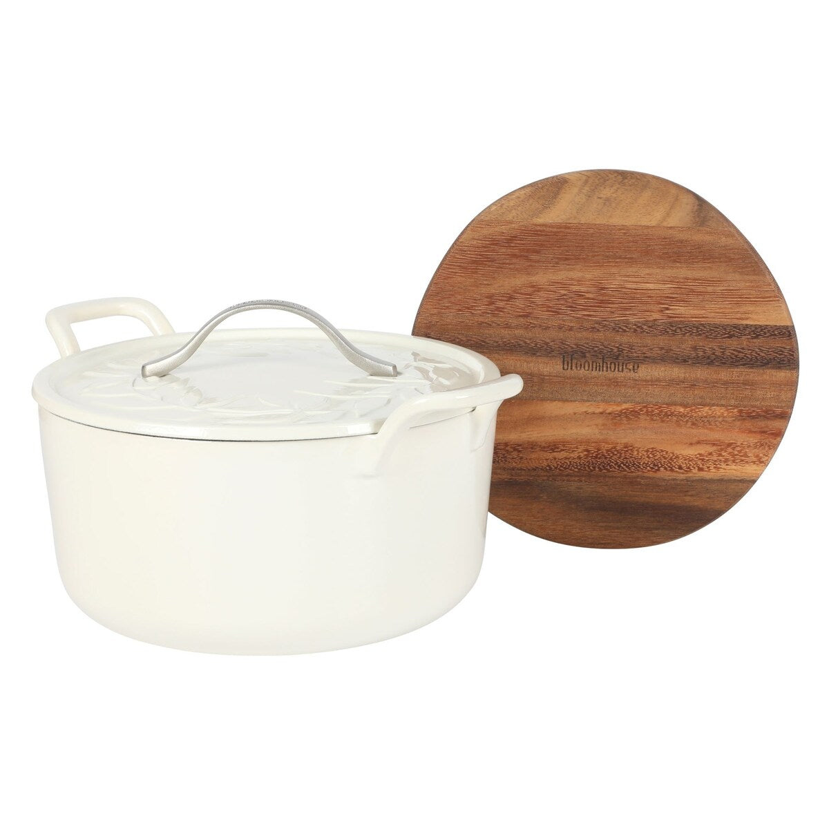 Bloomhouse 7 Qt Cast Iron Dutch Oven W/ Embossed Lid, European Glossy Enamel, & Walnut Wood Trivet