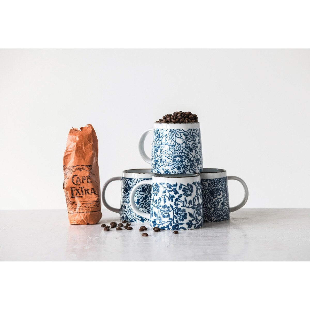 Blue & White Hand-Stamped Stoneware Mug with Gold Rim (Set of 3 Patterns)