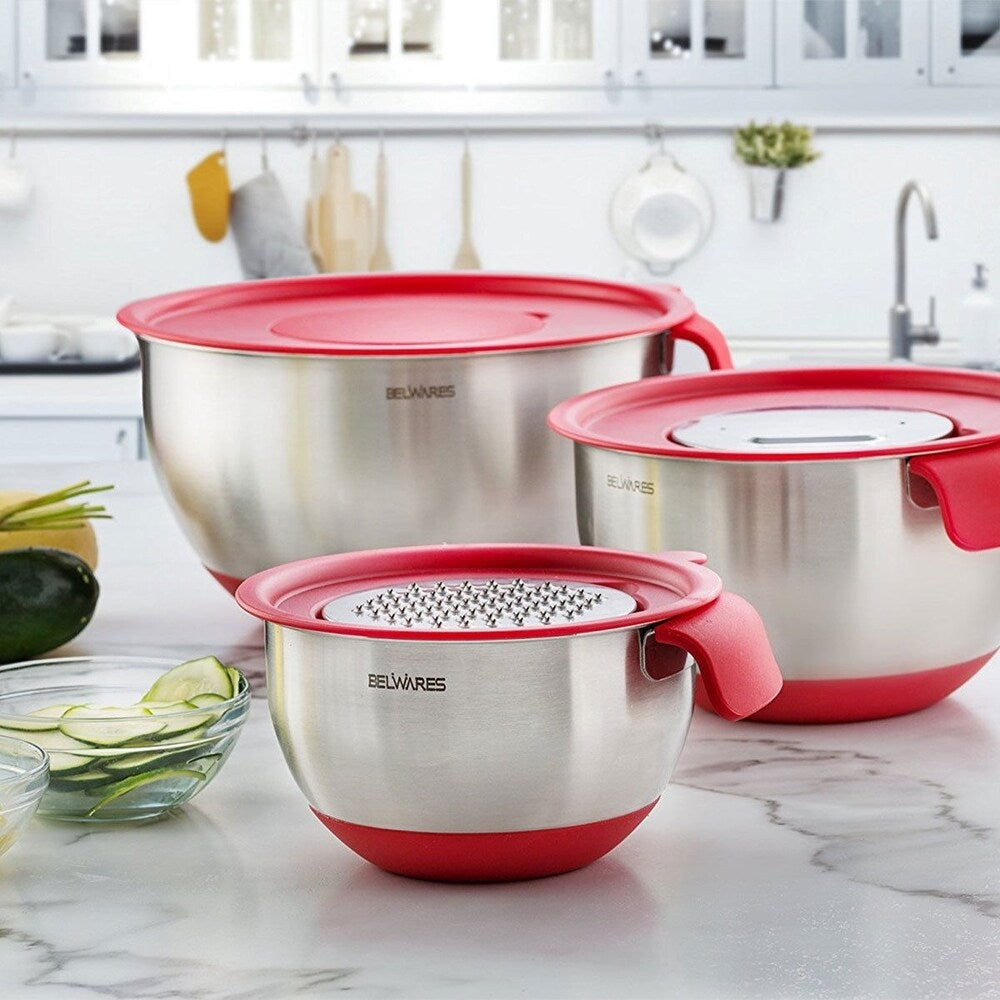 Belwares Stainless Steel Mixing Bowls w/ Airtight Lids & Non-Slip Base