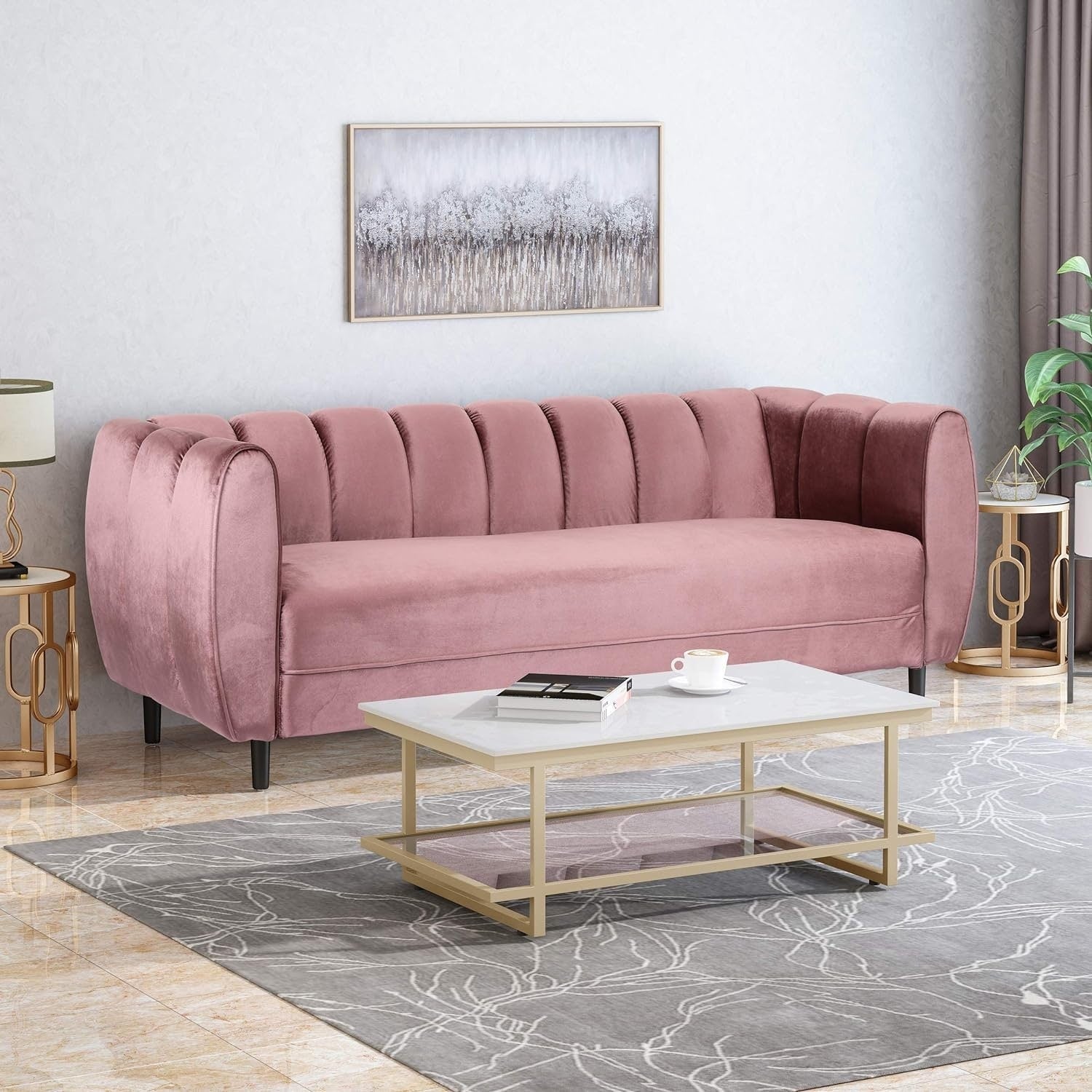 Blush 83.25 Velvet Channel Tufted 3-Seater Sofa with Birch Legs