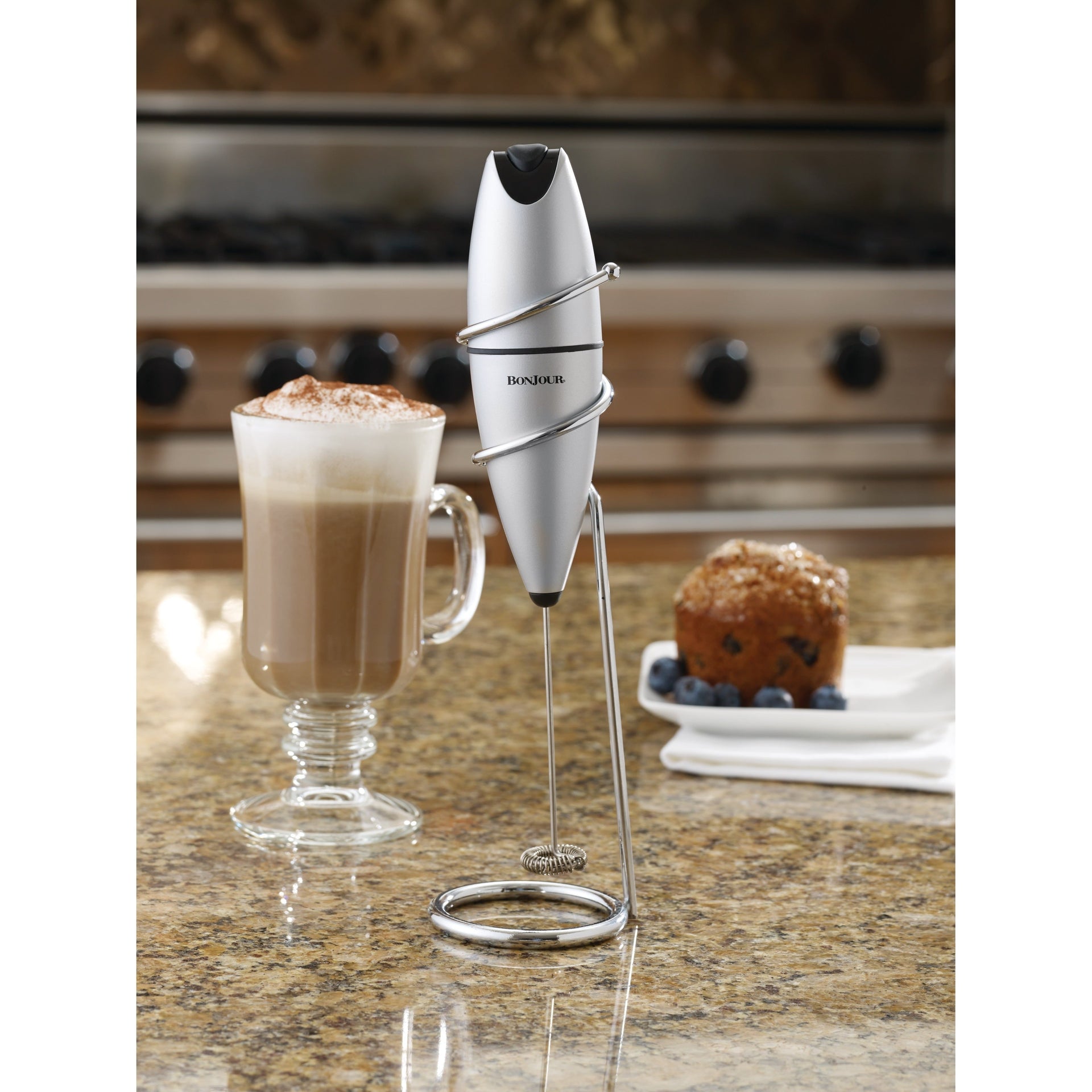 BonJour Coffee Stainless Steel Oval Milk Frother with Stand