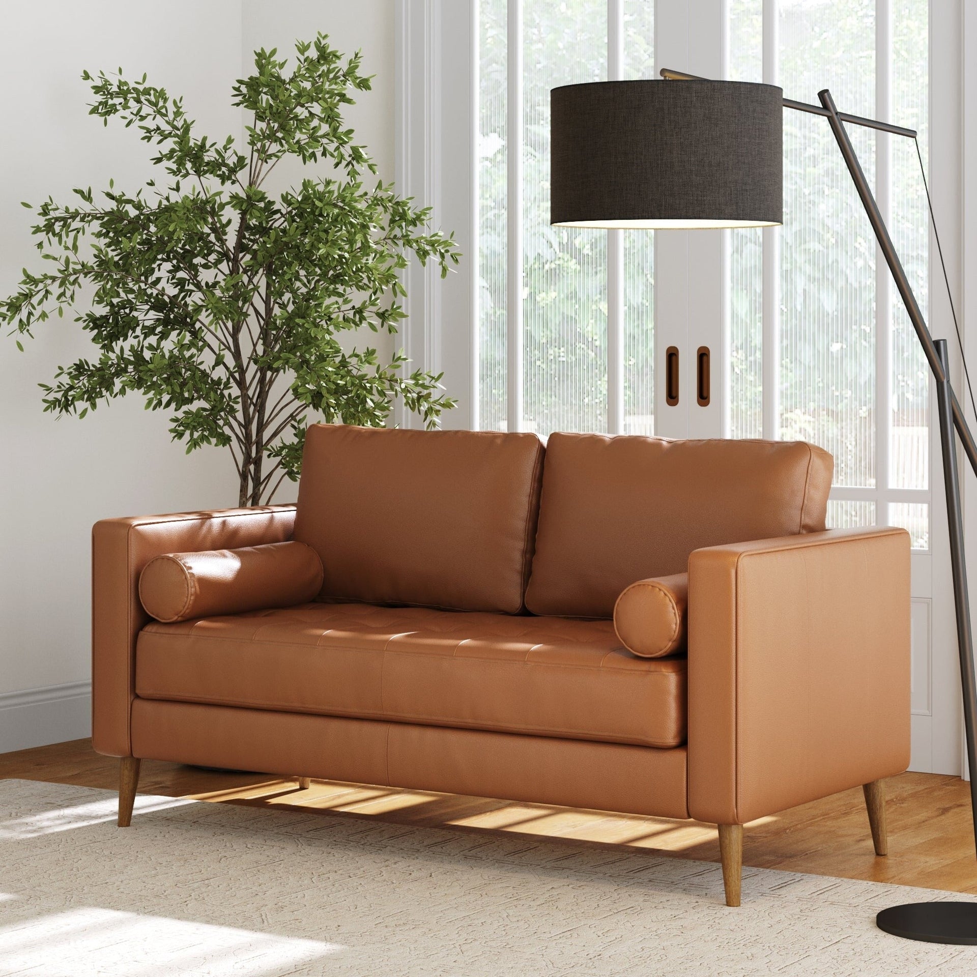 Breeze Mid Century Modern Sofa, Leather Couch with Tufted Cushion and Solid Wood Frame