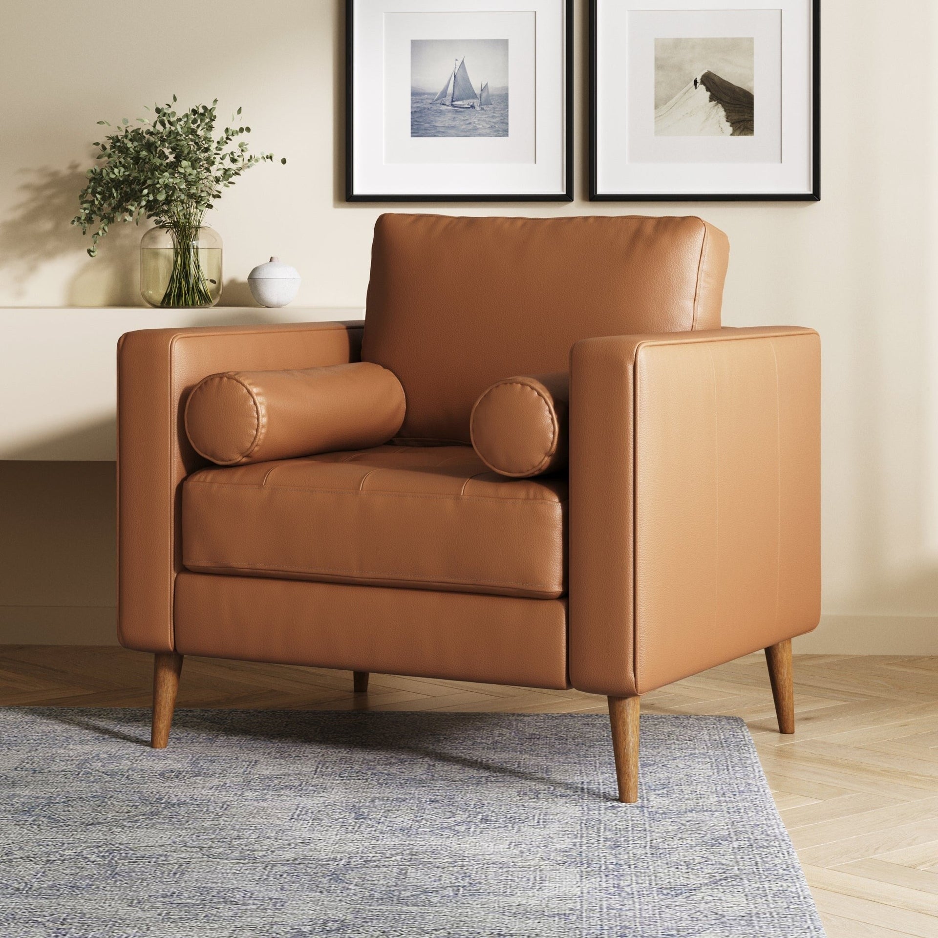 Breeze Mid Century Modern Sofa, Leather Couch with Tufted Cushion and Solid Wood Frame