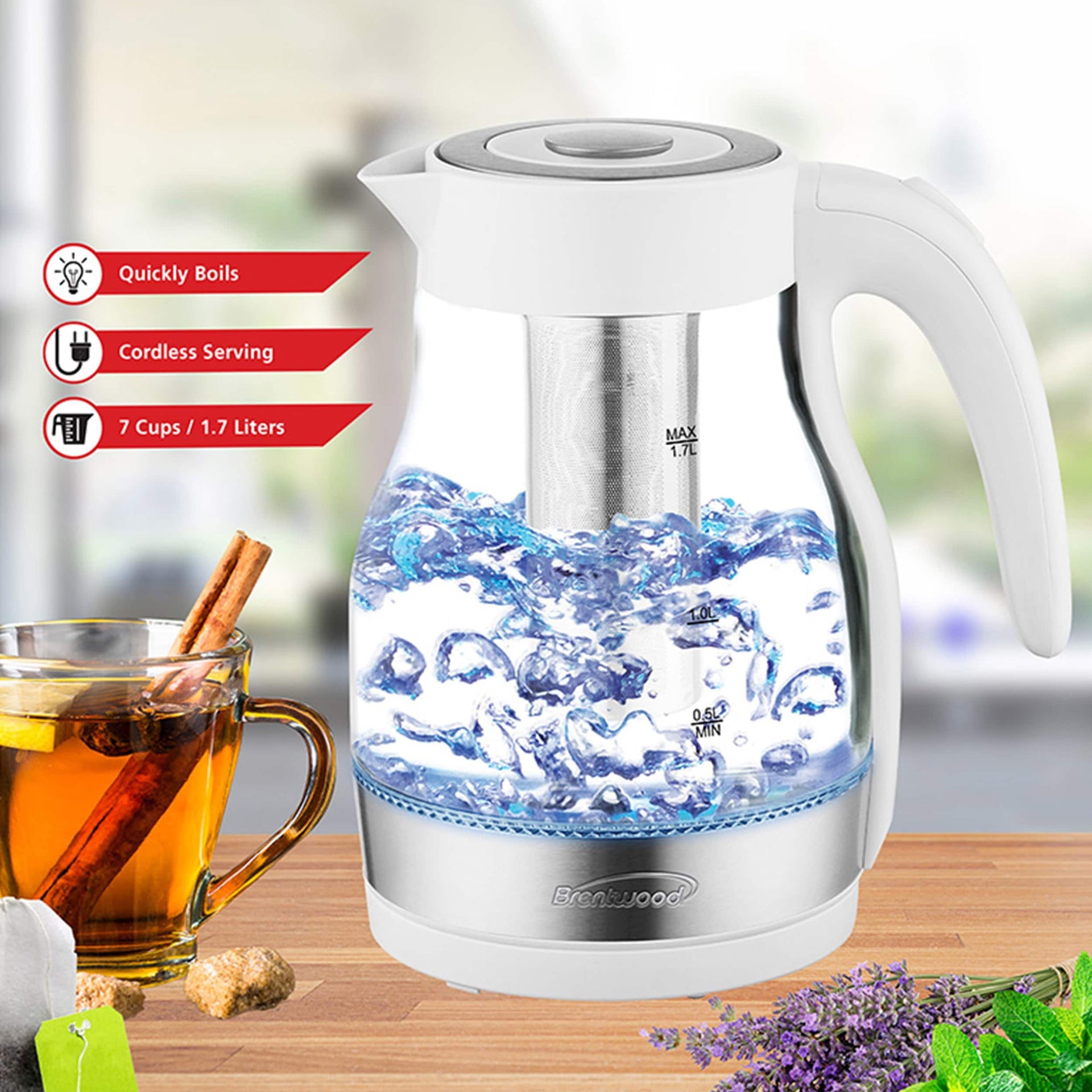 Brentwood Glass 1.7 Liter Electric Kettle with Tea Infuser in White - 1.7 Liter