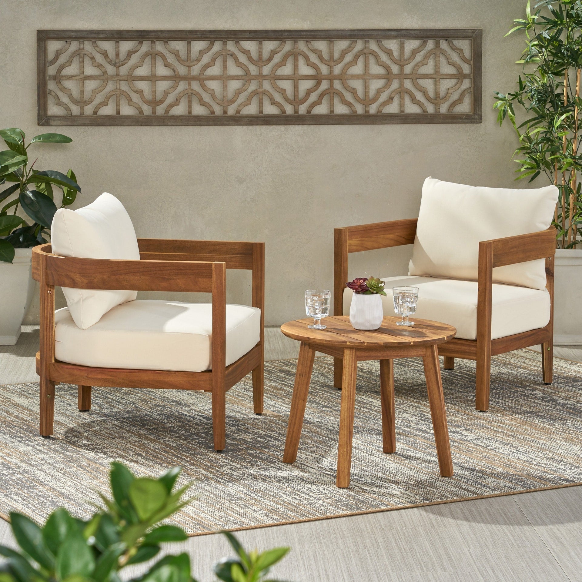 Brooklyn Outdoor Acacia Wood 2 Seater Chat Set with Cushions by Christopher Knight Home